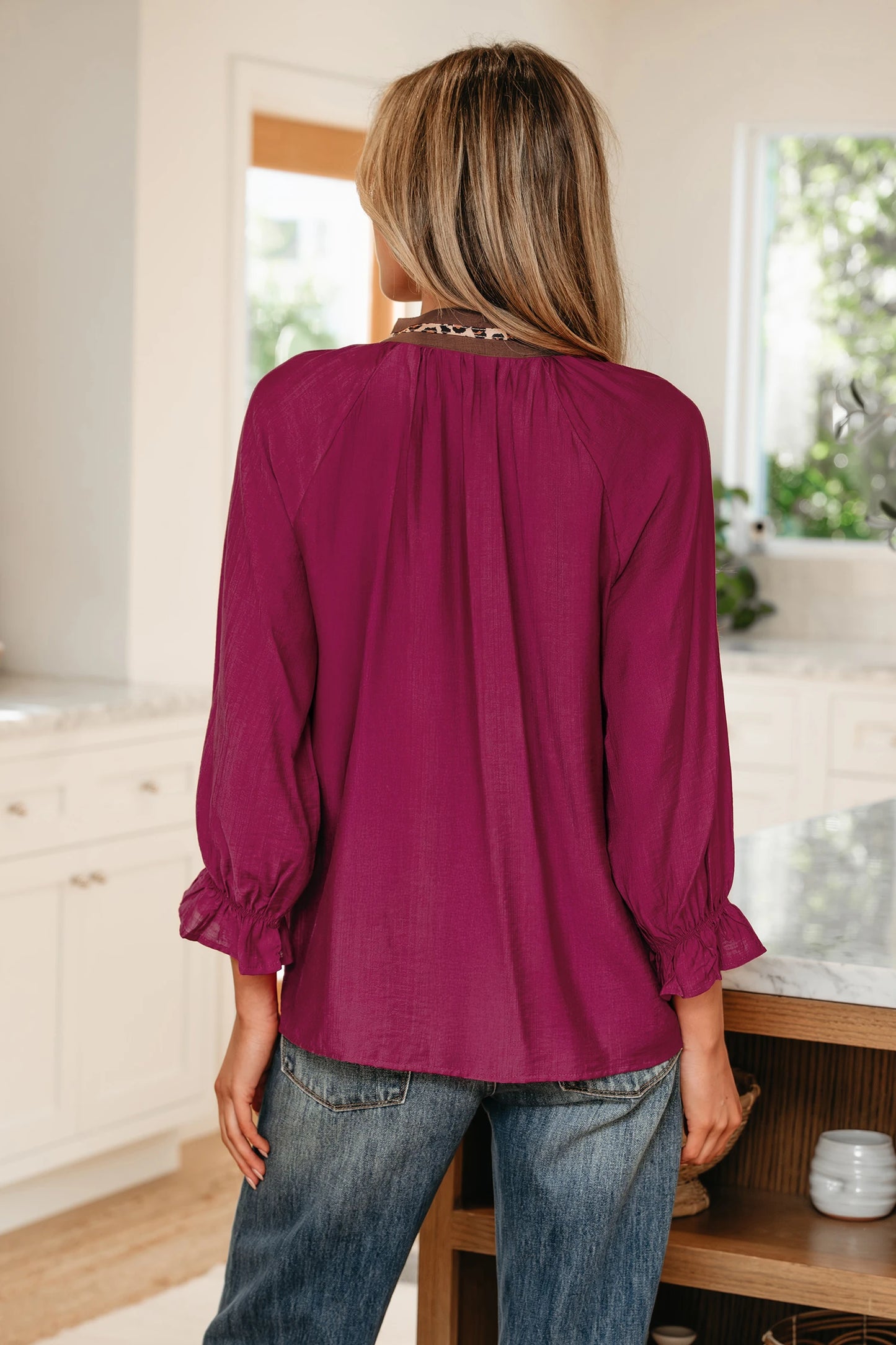 Wild Grace Leopard Trim Blouse | S-XL
