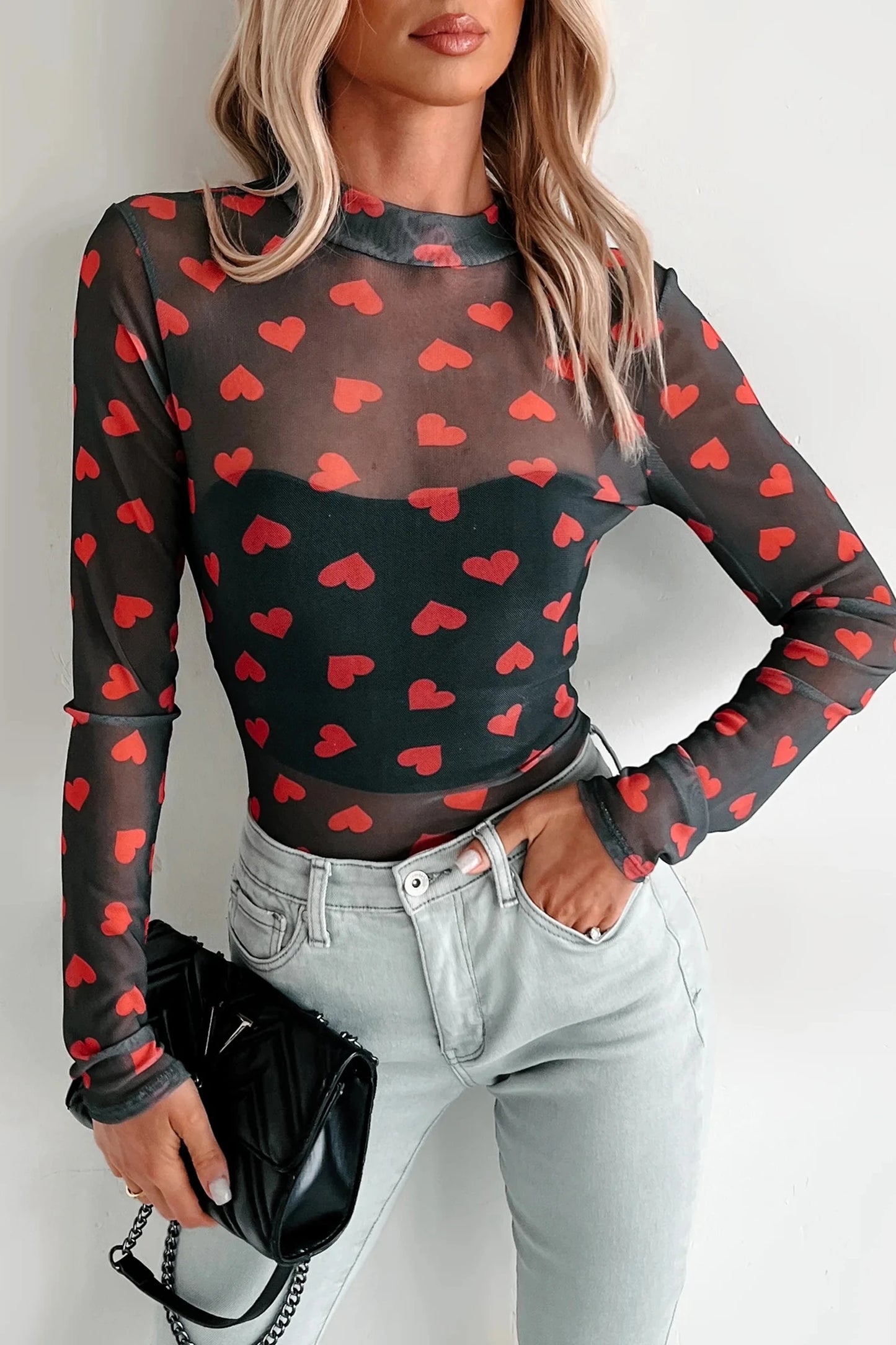 Valentines Heart Printed Sheer Mesh Long Sleeve Top | S-XL