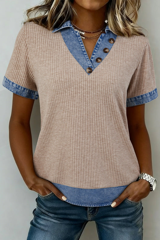 Ribbed Knit Denim Color Block Collared Blouse | S-XL
