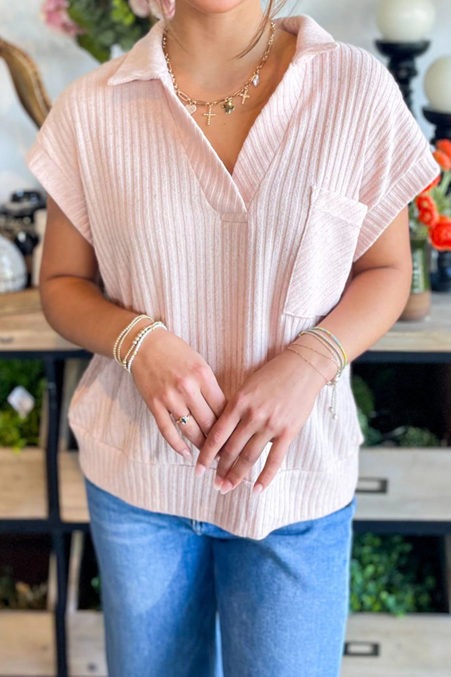 Sunny Day Collared Ribbed Pocket Top | S-XL