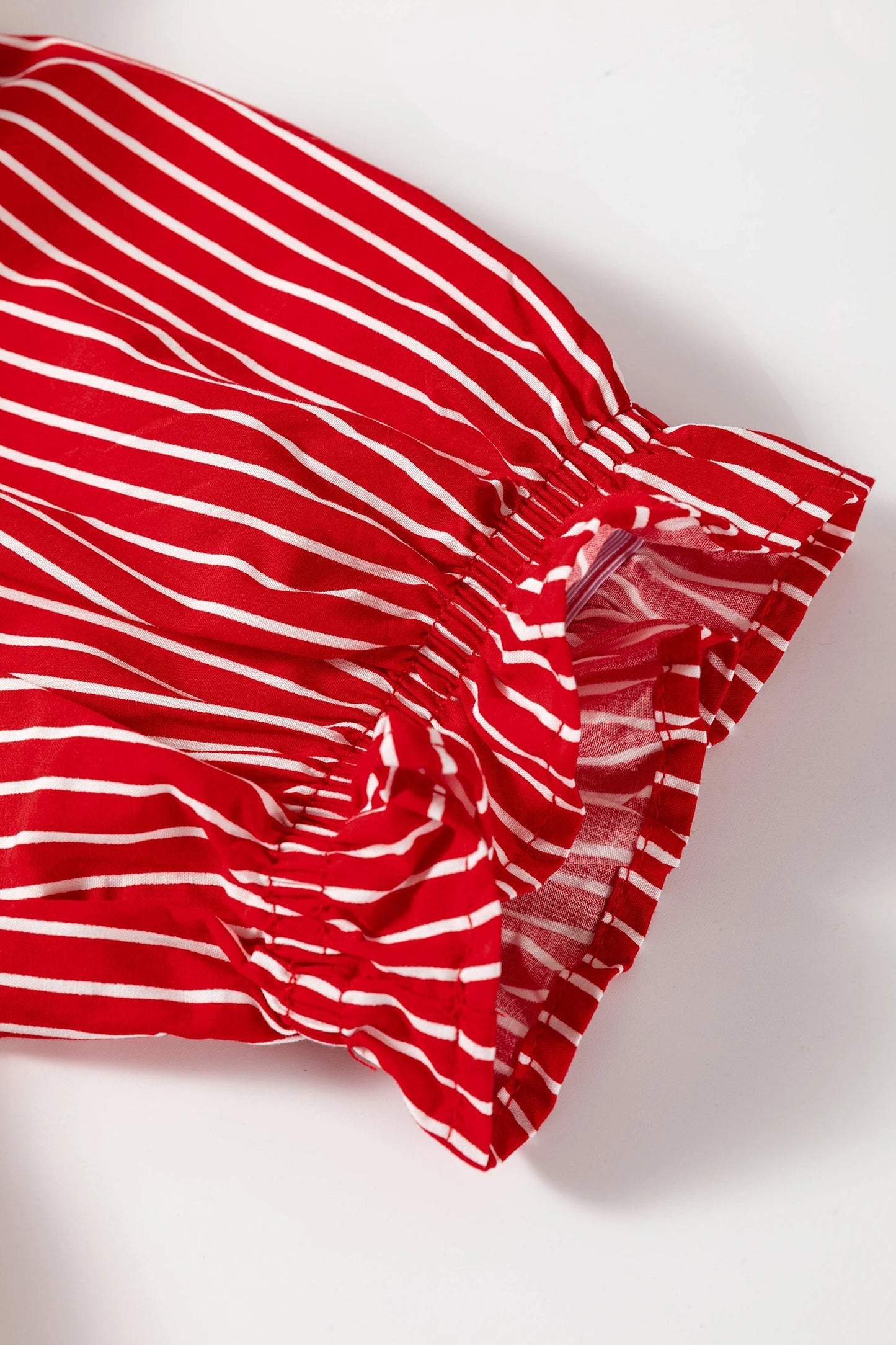 Short Puff Sleeve Stripe Ruffle Blouse | S-XL