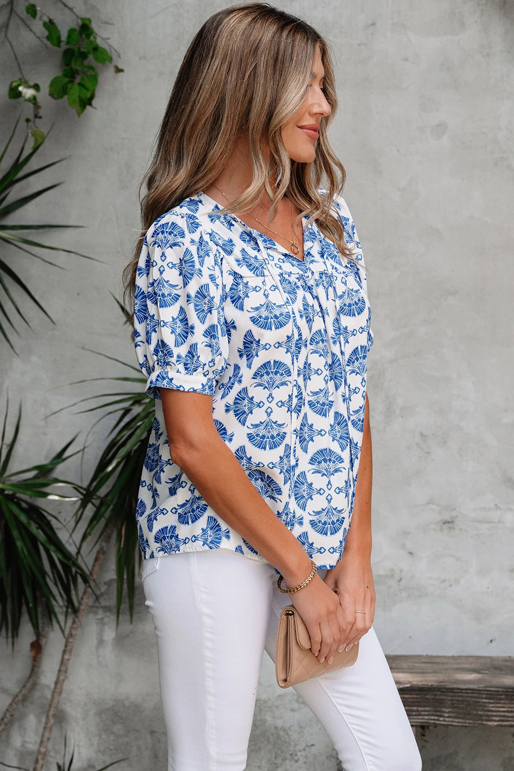Geometric Print Tassel Drawstring  Blouse