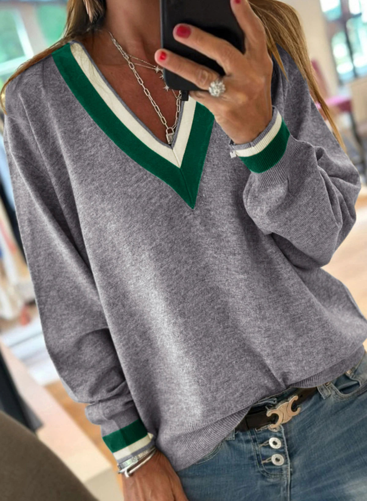 Contrast Striped Trim V Neck Varsity Light Sweater | S-XL