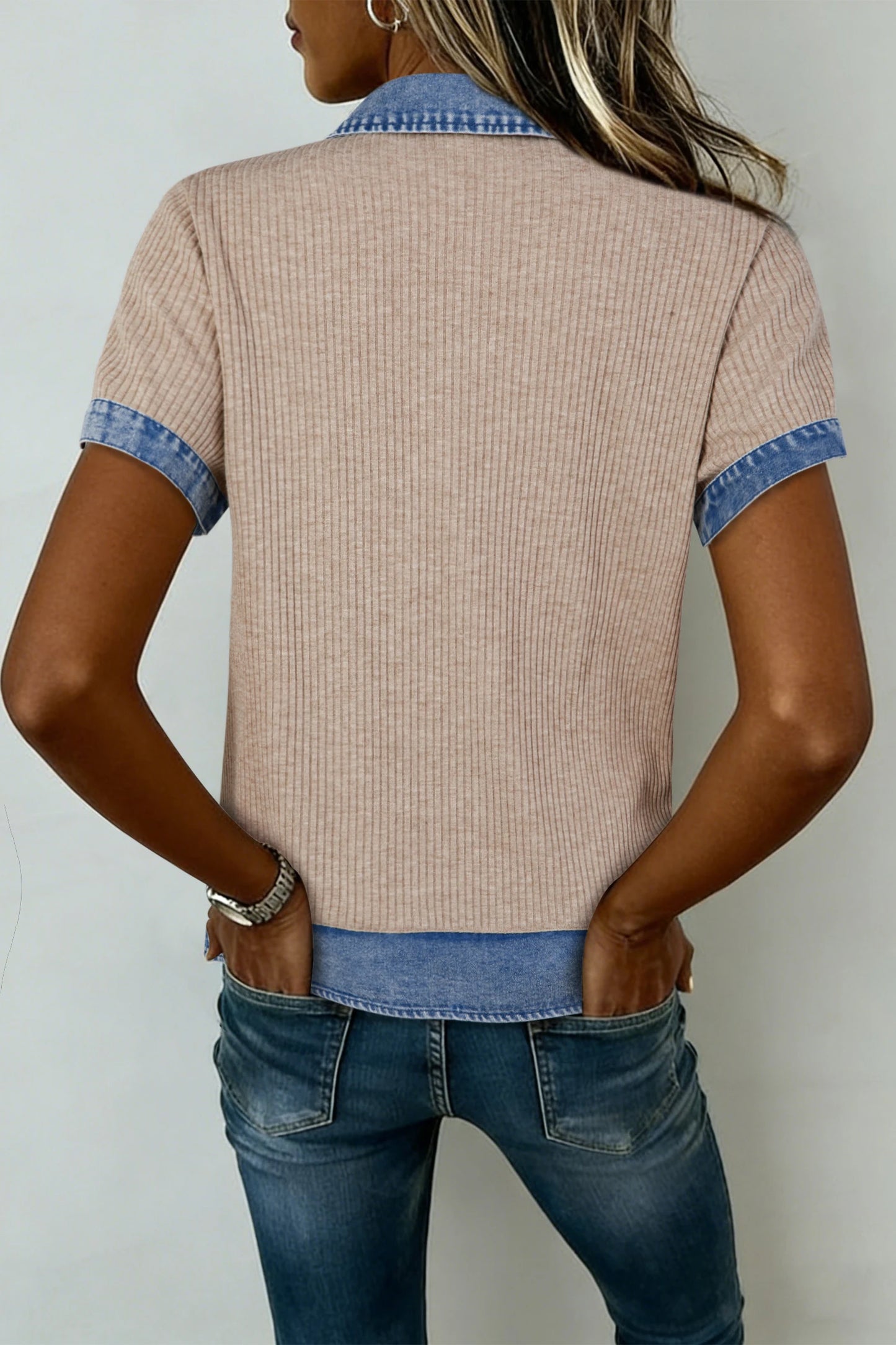 Ribbed Knit Denim Color Block Collared Blouse | S-XL