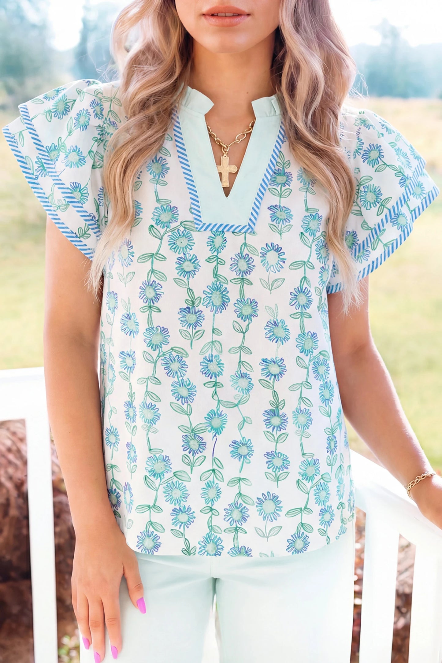 Floral Print Patchwork Flutter Sleeve Blouse | S-XL