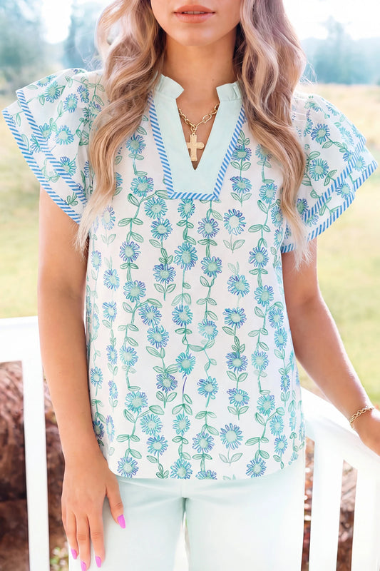 Floral Print Patchwork Flutter Sleeve Blouse | S-XL