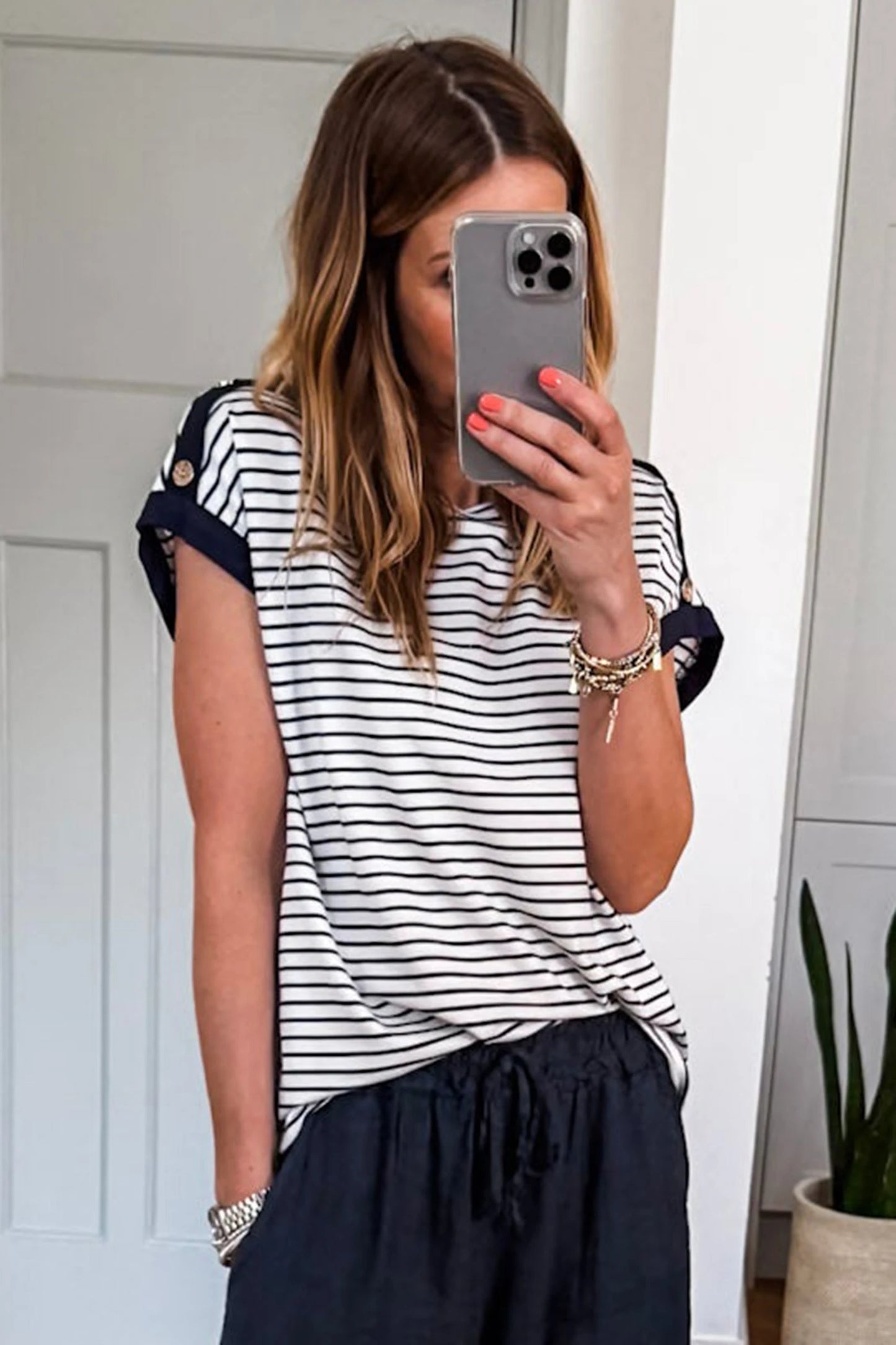 Coastal Stripe Button-Cuff Top | S-XL