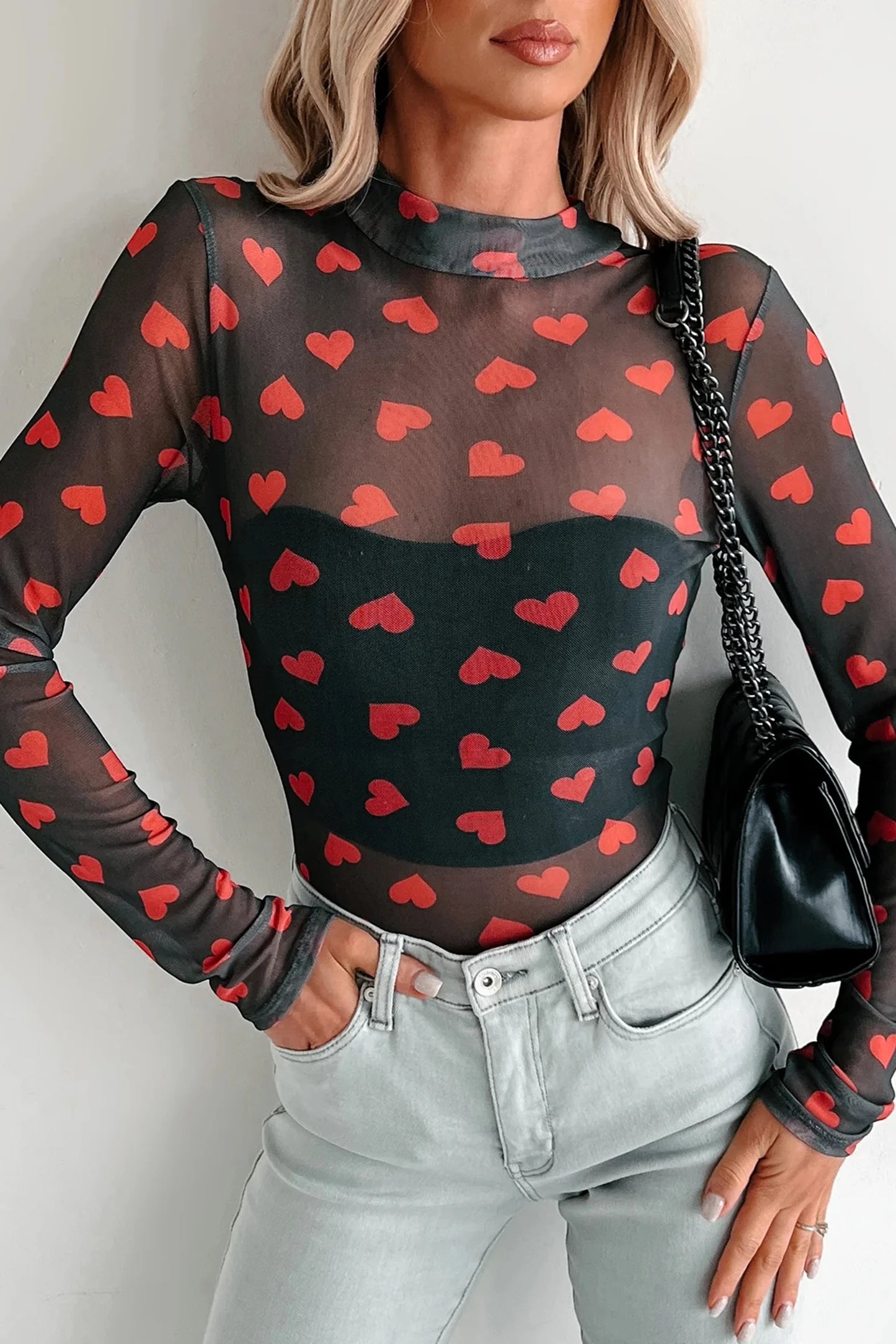 Valentines Heart Printed Sheer Mesh Long Sleeve Top | S-XL