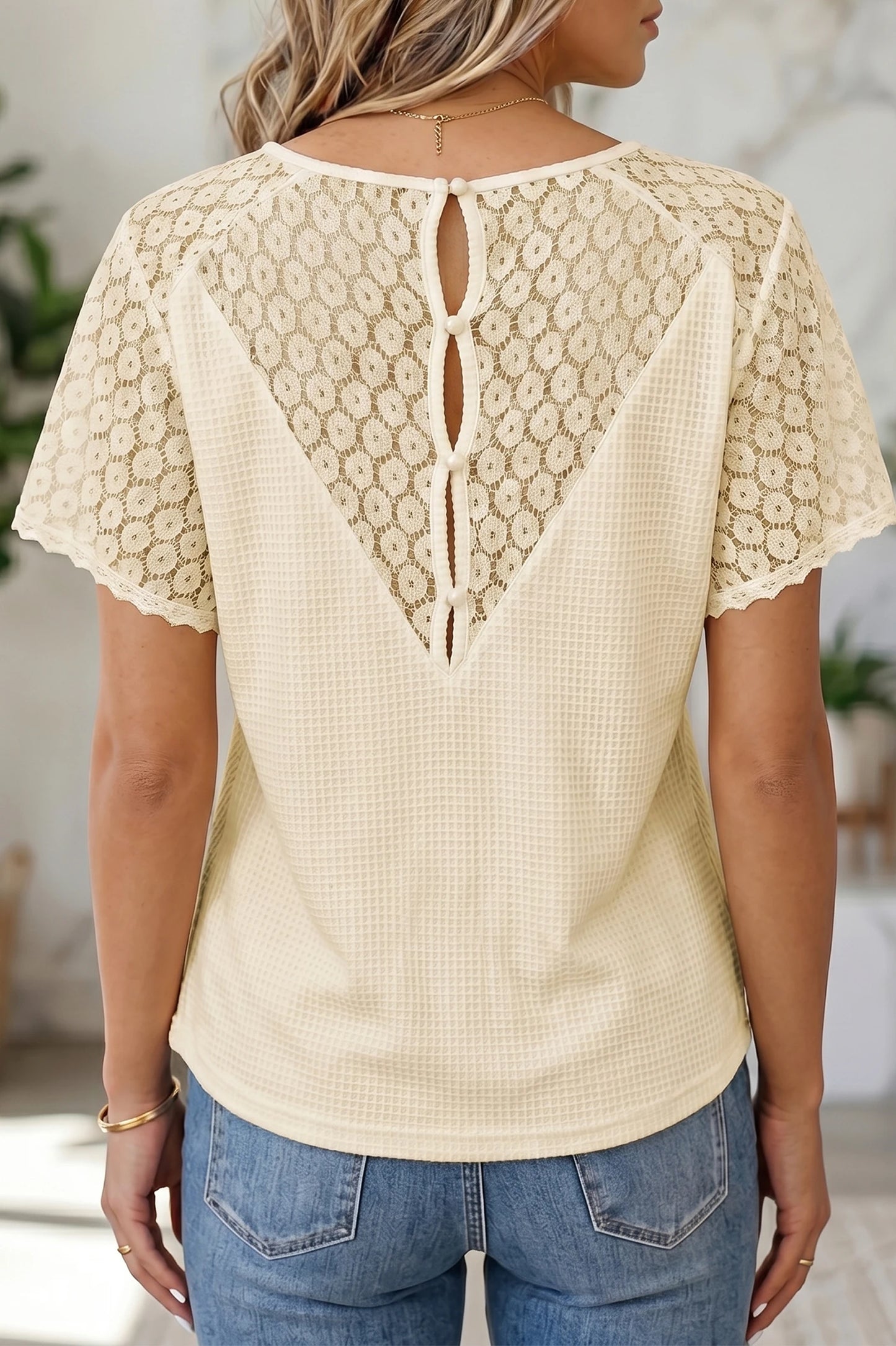 Lace Trim Cutout V-Neck Waffle Knit Button Blouse | S-XL