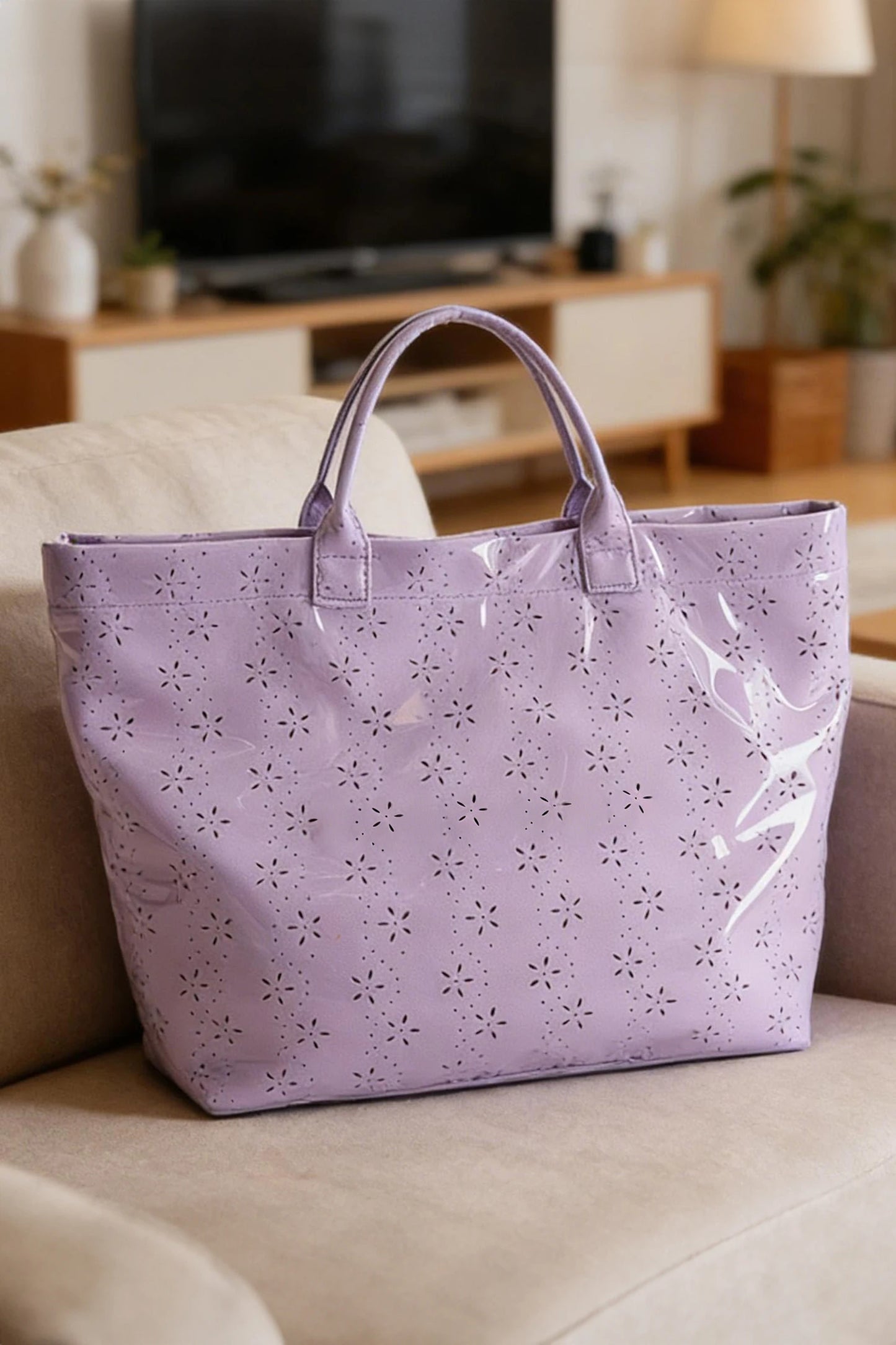 Glossy Floral Eyelet Waterproof Tote Bag