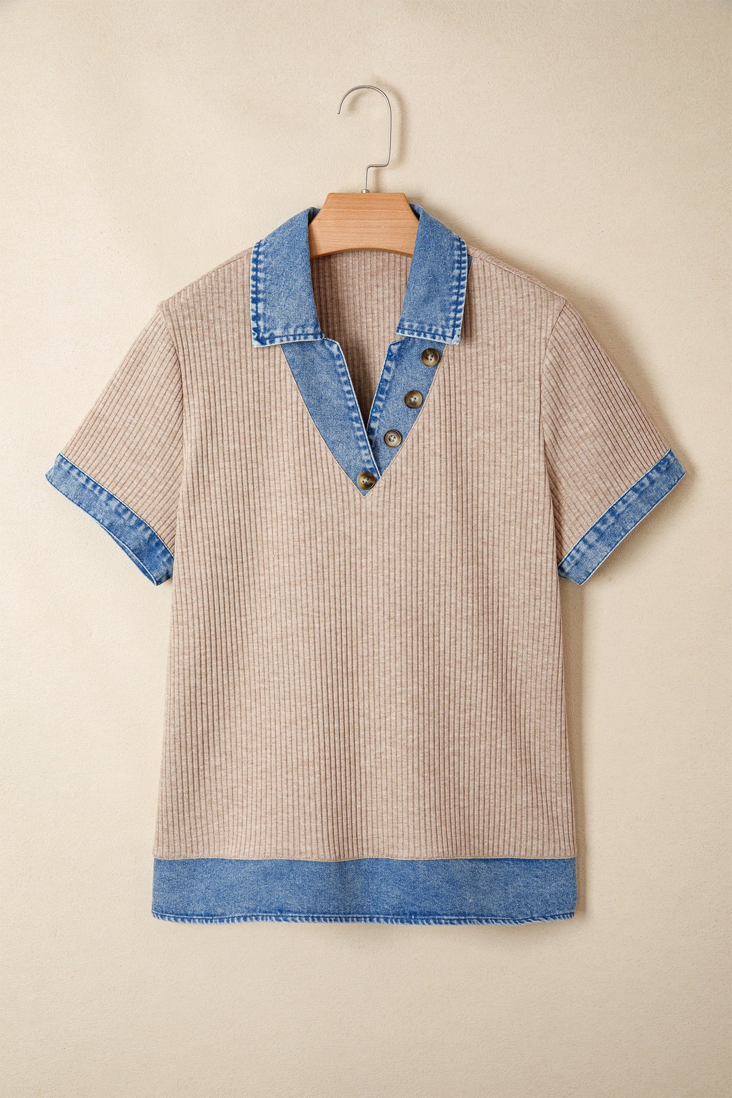 Ribbed Knit Denim Color Block Collared Blouse | S-XL