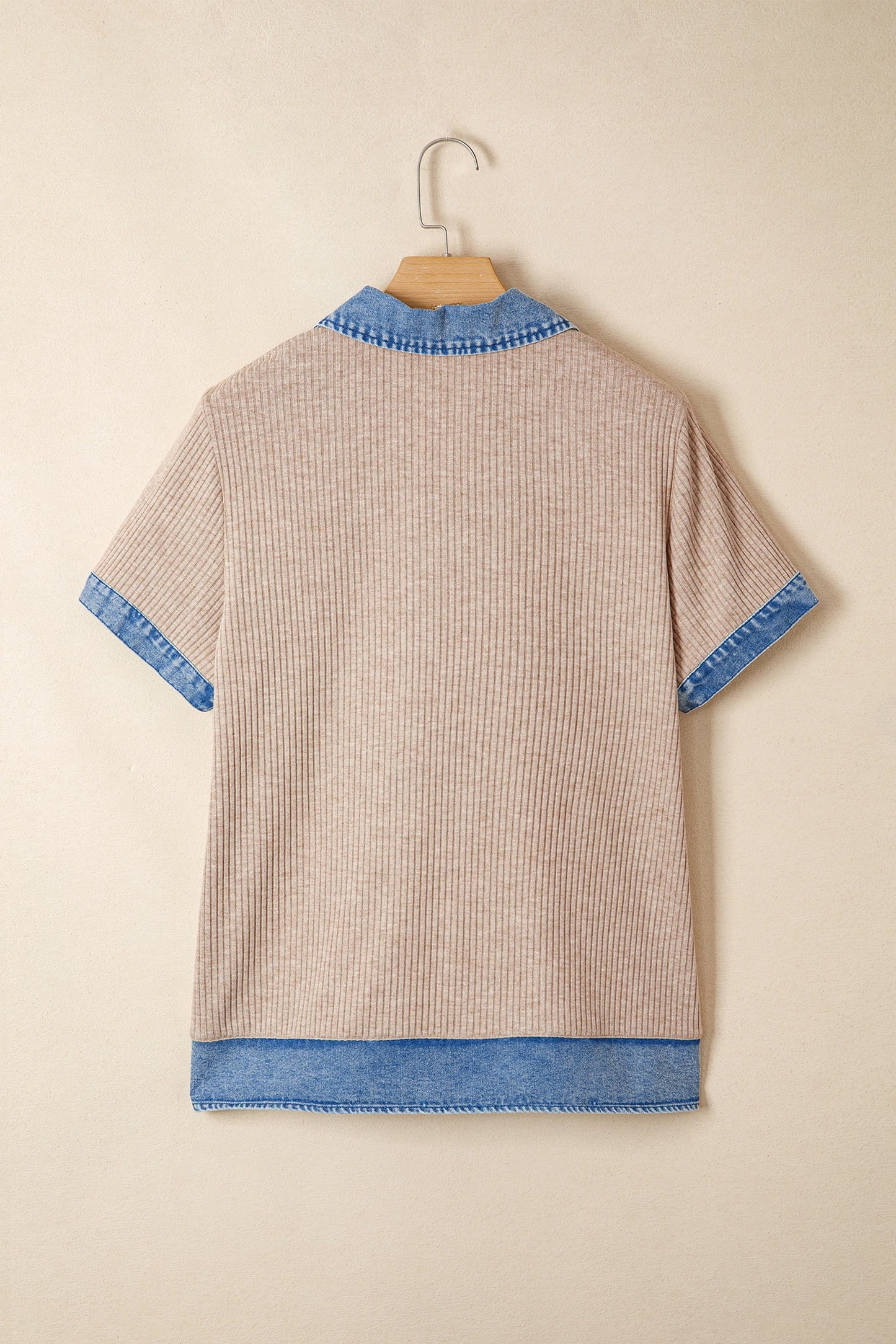 Ribbed Knit Denim Color Block Collared Blouse | S-XL