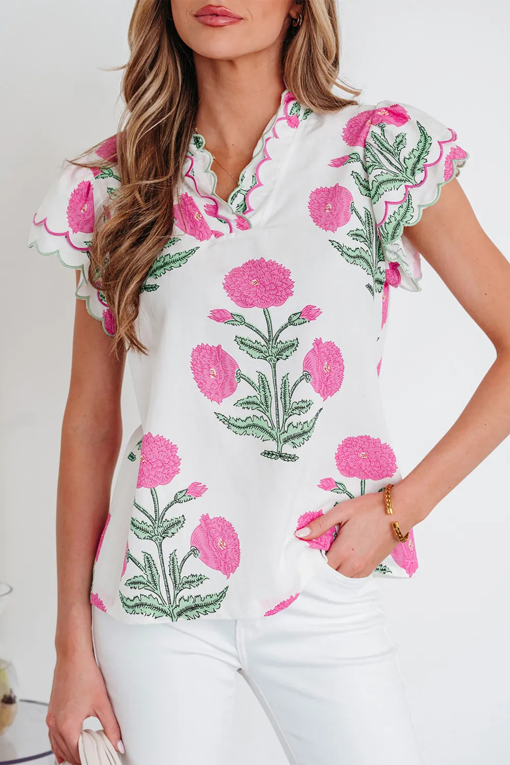 Floral  Print Scallop Trim Blouse | S-XL