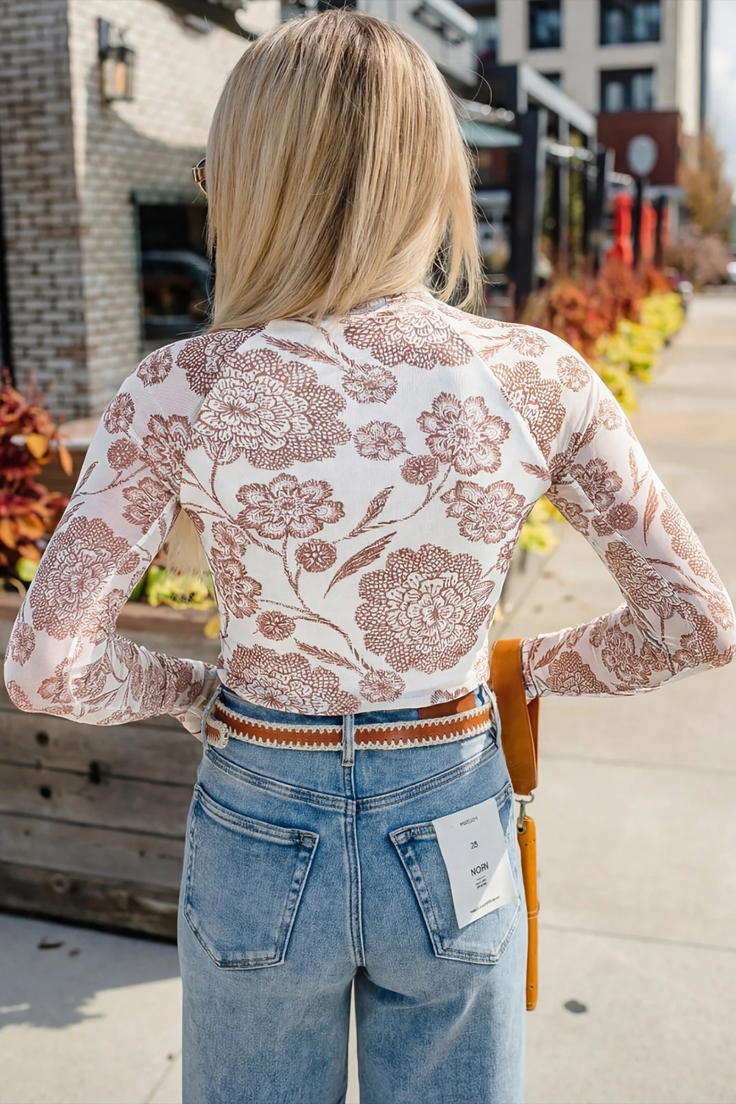 Thumbhole Long Sleeve Floral Print Mesh Top | S-XL