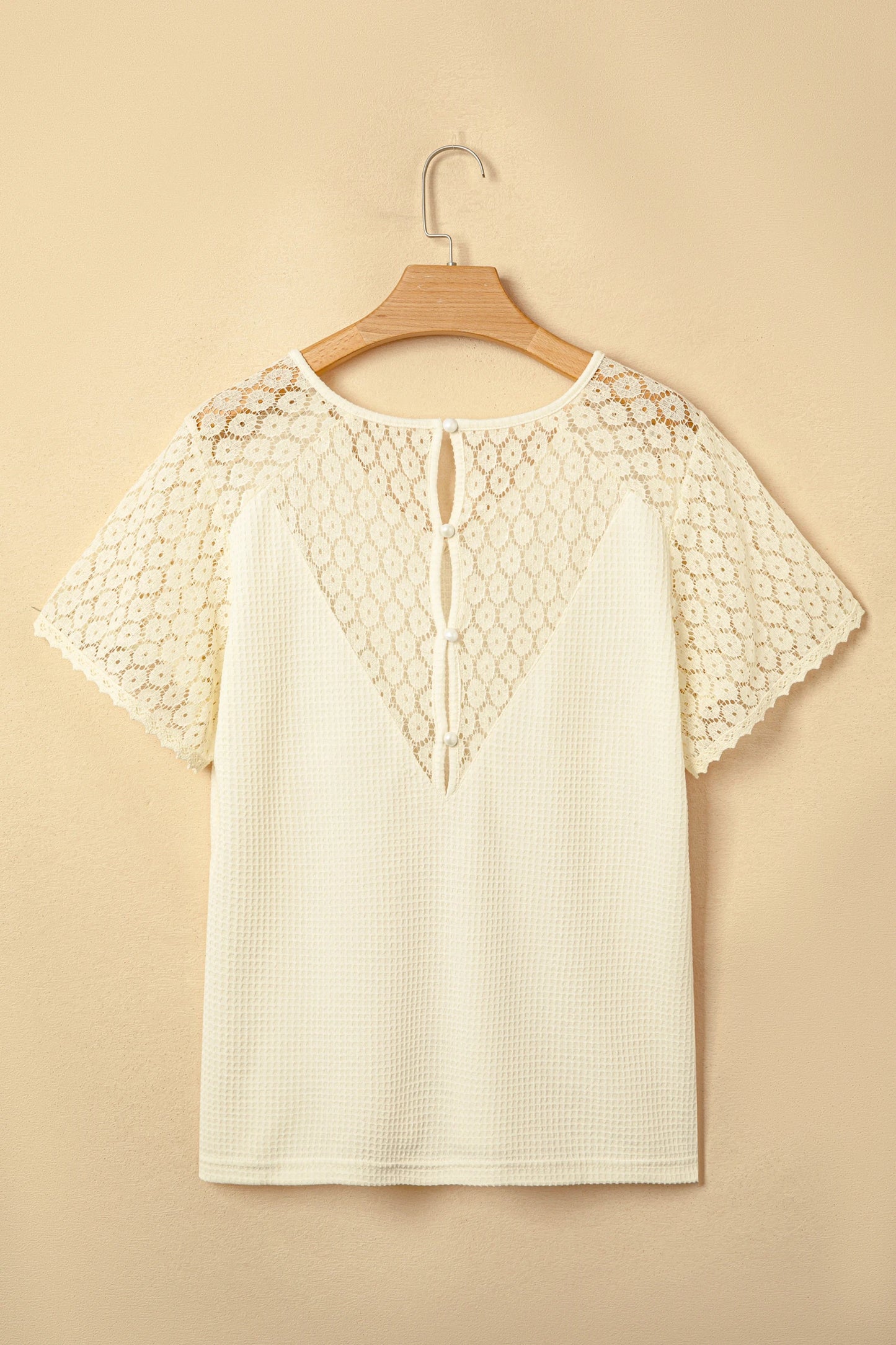 Lace Trim Cutout V-Neck Waffle Knit Button Blouse | S-XL