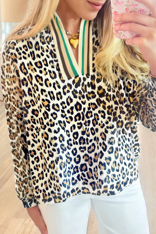 Leopard Print Contrast Striped V Neck Blouse | S-XL