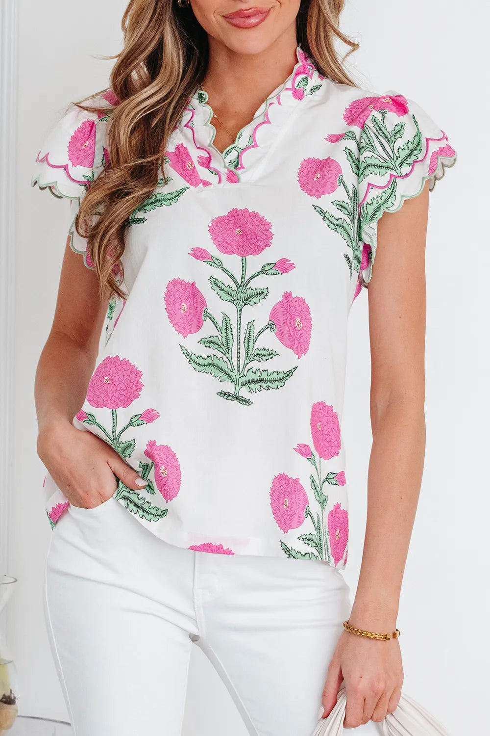 Floral  Print Scallop Trim Blouse | S-XL