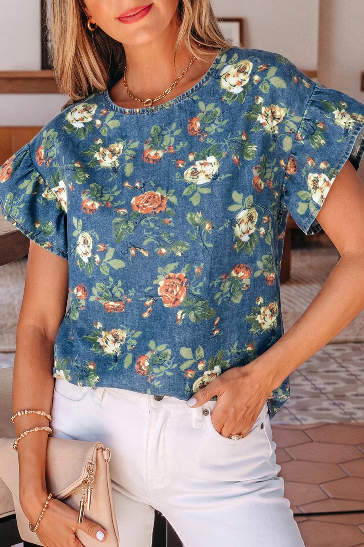 Casual Floral Denim Puff Sleeve Top | S-XL