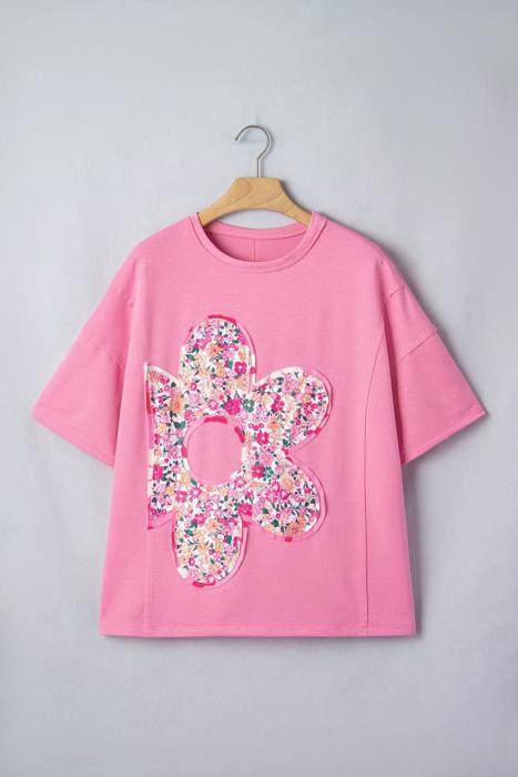 Oversize Floral Patched Raw Seam Big Flower Top | S-XL