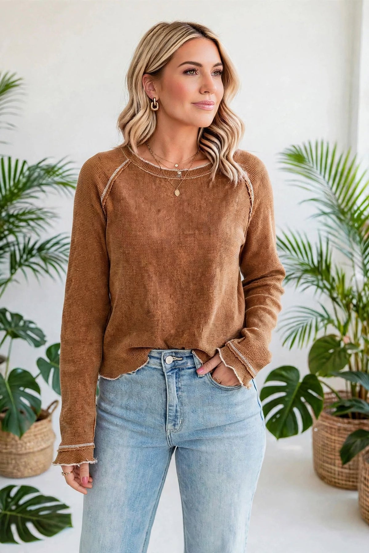 Textured Round Neck Long Sleeve Top