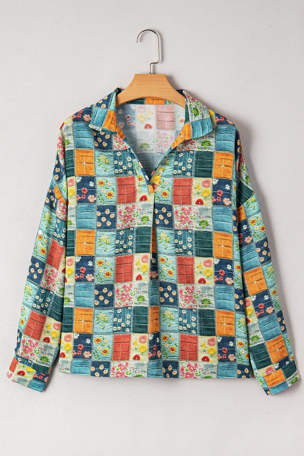 Boho Print  Bloom Collared Roll up Sleeve Blouse | S-XL