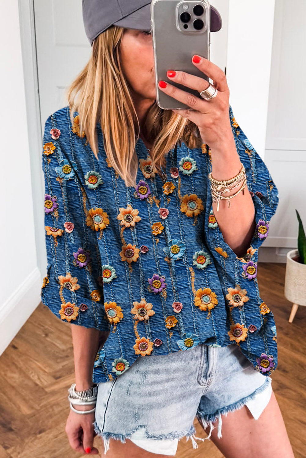 Boho Print  Bloom Collared Roll up Sleeve Blouse | S-XL