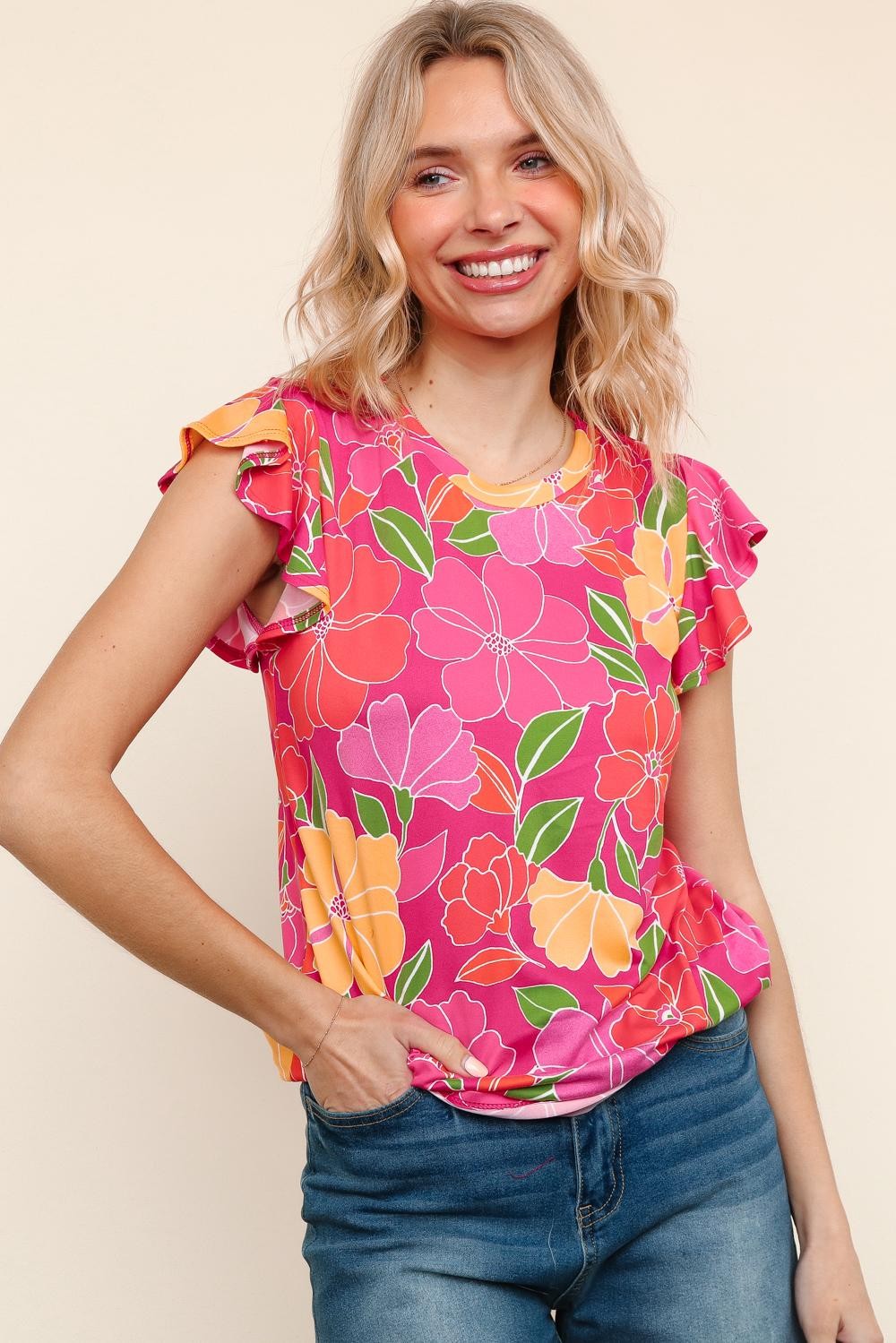 Paradise Floral Ruffle Sleeve top| S-3X