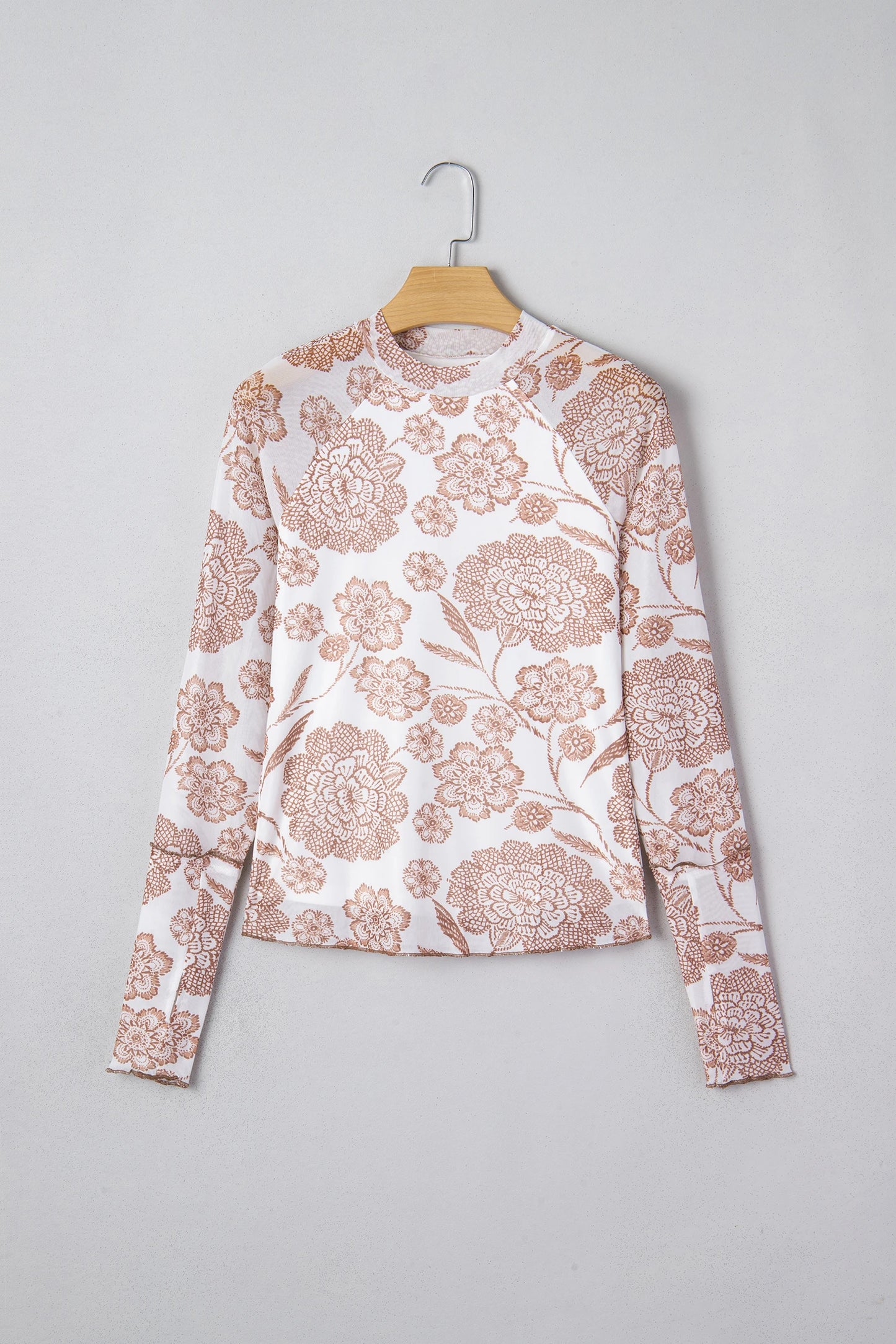 Thumbhole Long Sleeve Floral Print Mesh Top | S-XL