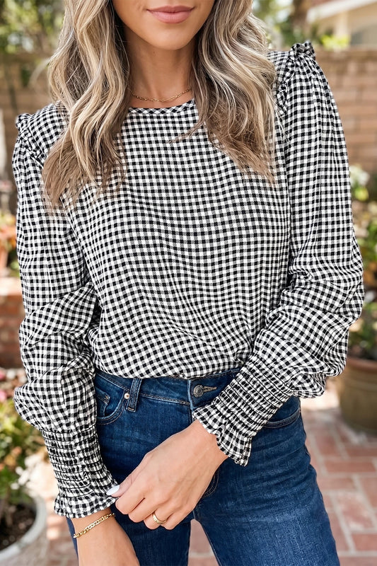 Plaid Shirred Cuff Long Sleeve Blouse | S-XL