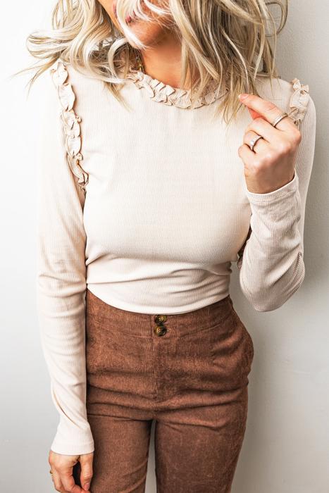 Solid Color Frill Detail Long Sleeve Top | S-XL