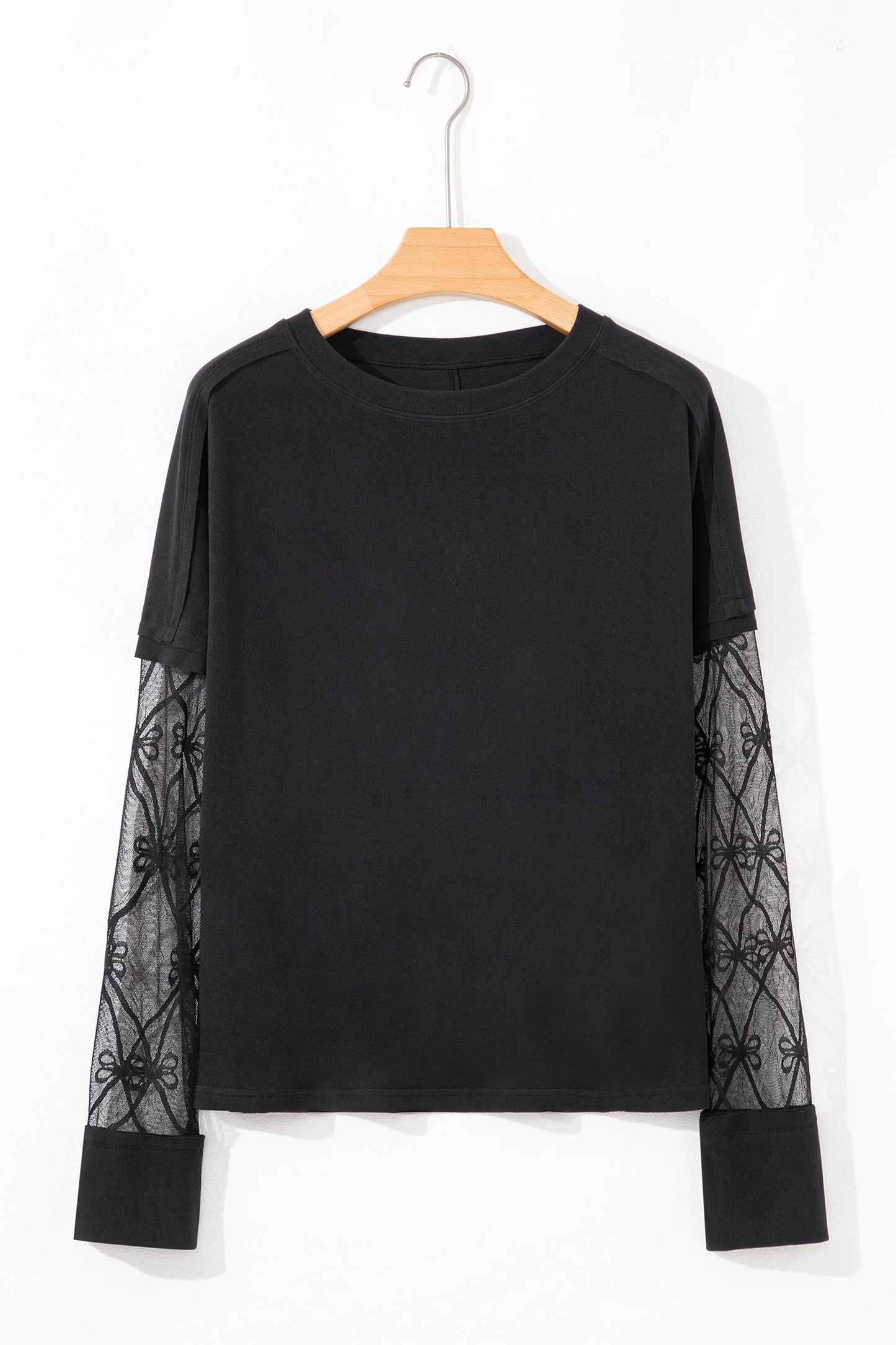 Bow Textured Sheer Long Sleeve Patchwork Tee | S-XL