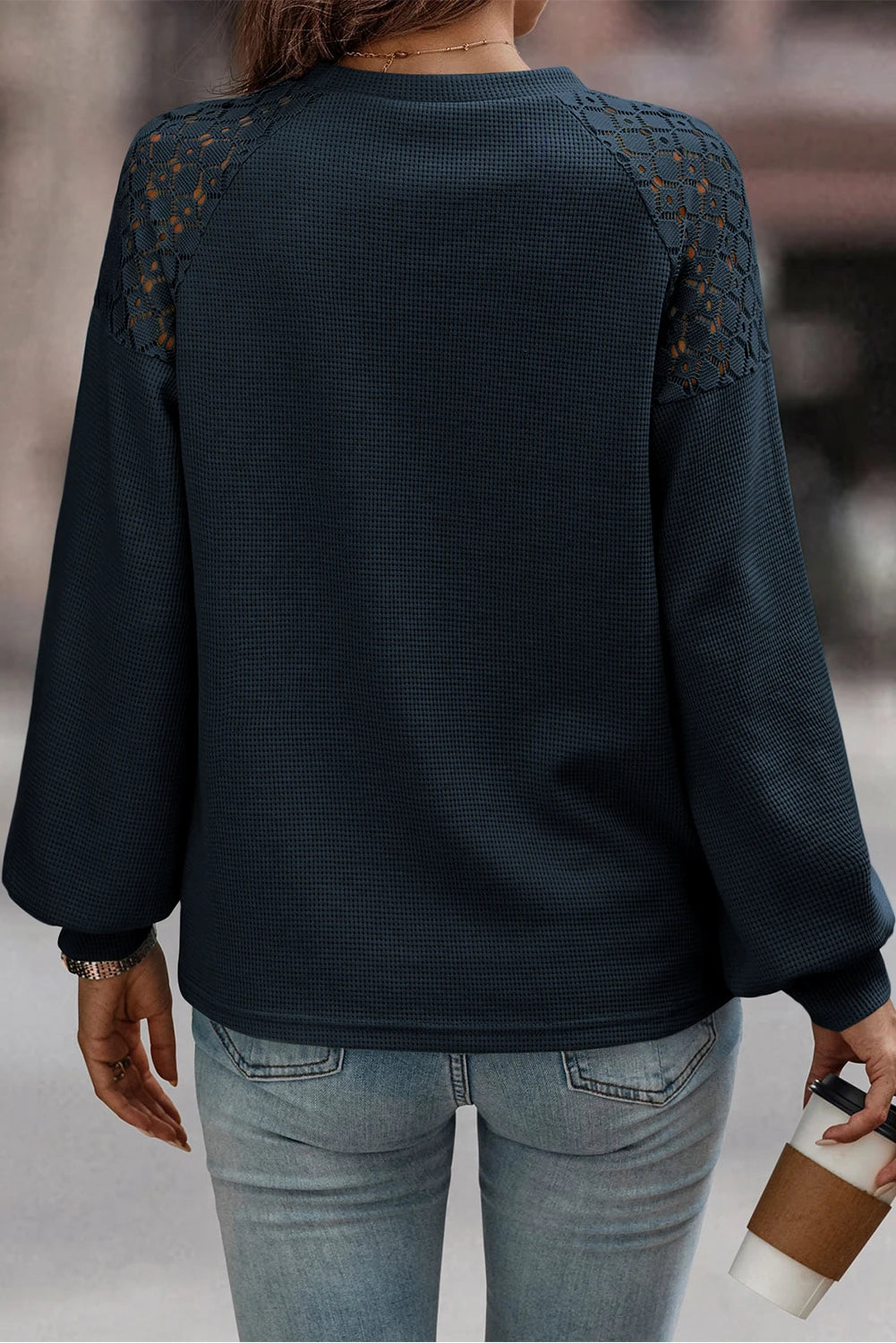 Textured Lace Sleeve Pullover | S-2XL