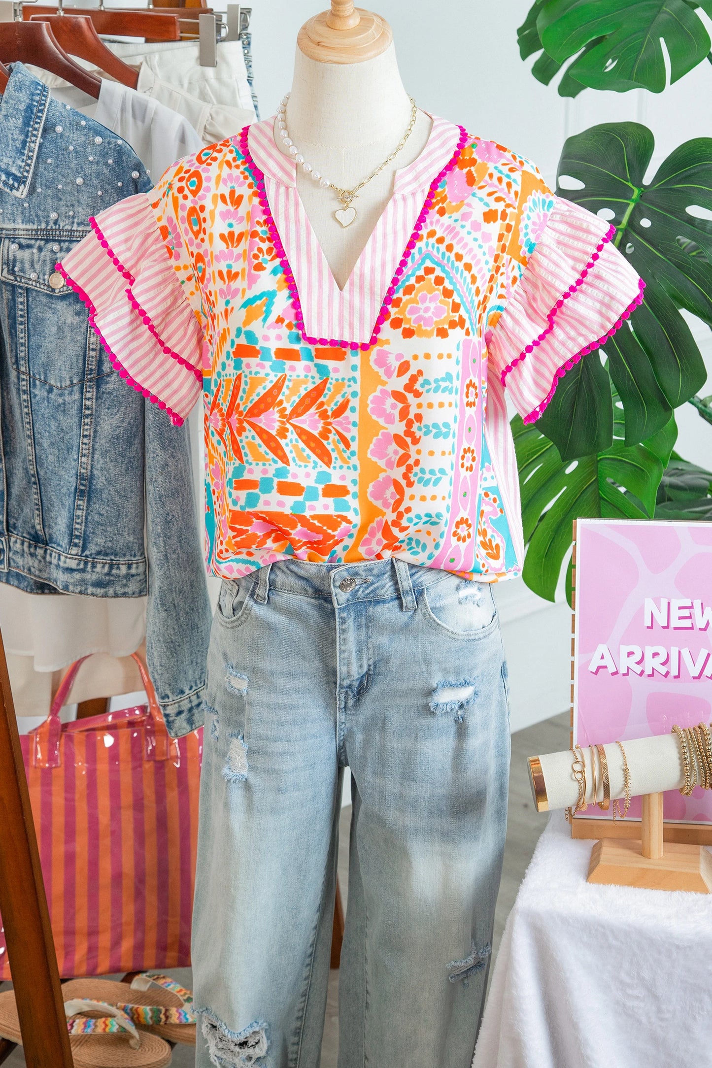 Boho Mixed Print Tiered Short Sleeve Blouse | S-XL