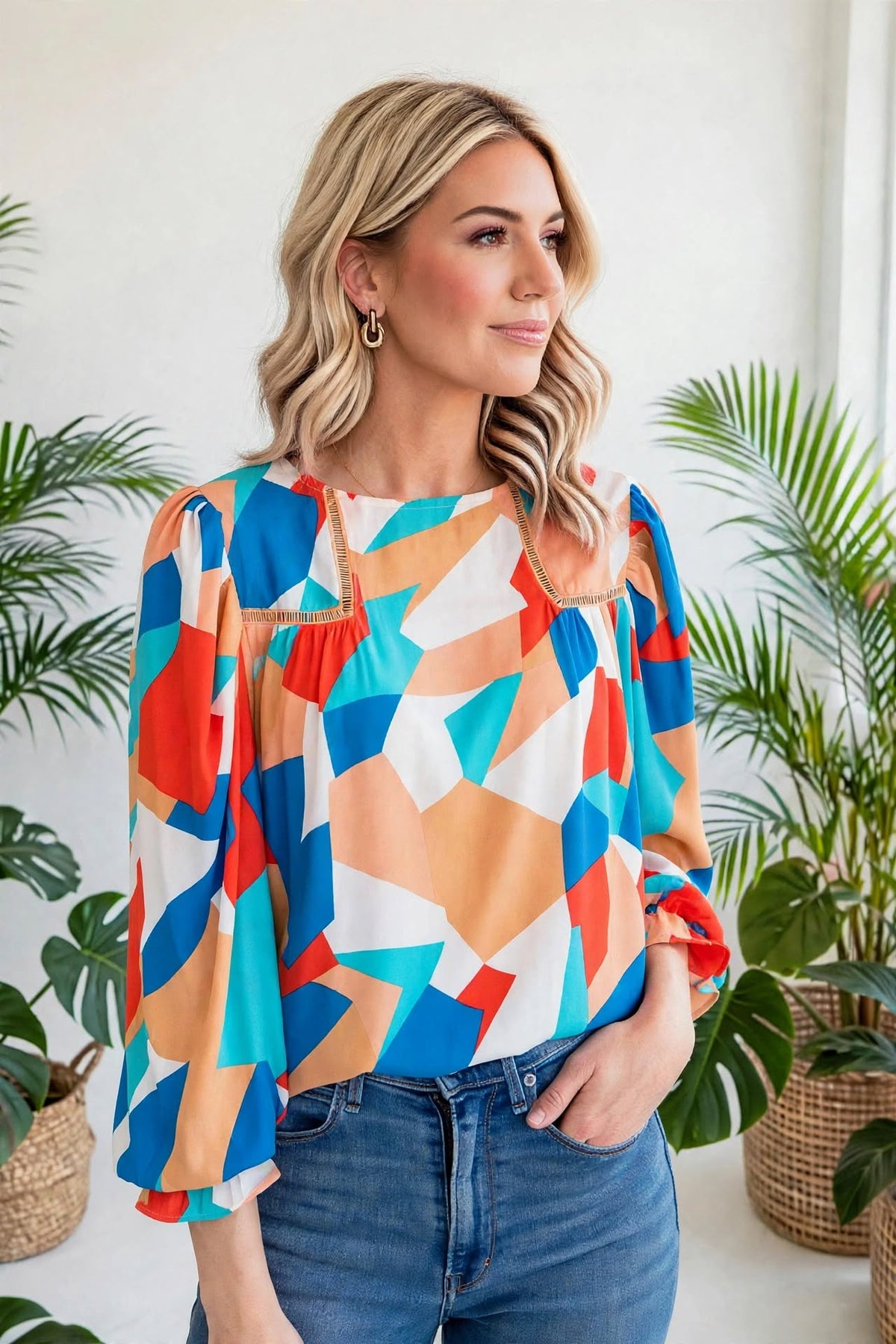 Abstract Ruffled Sleeve Blouse