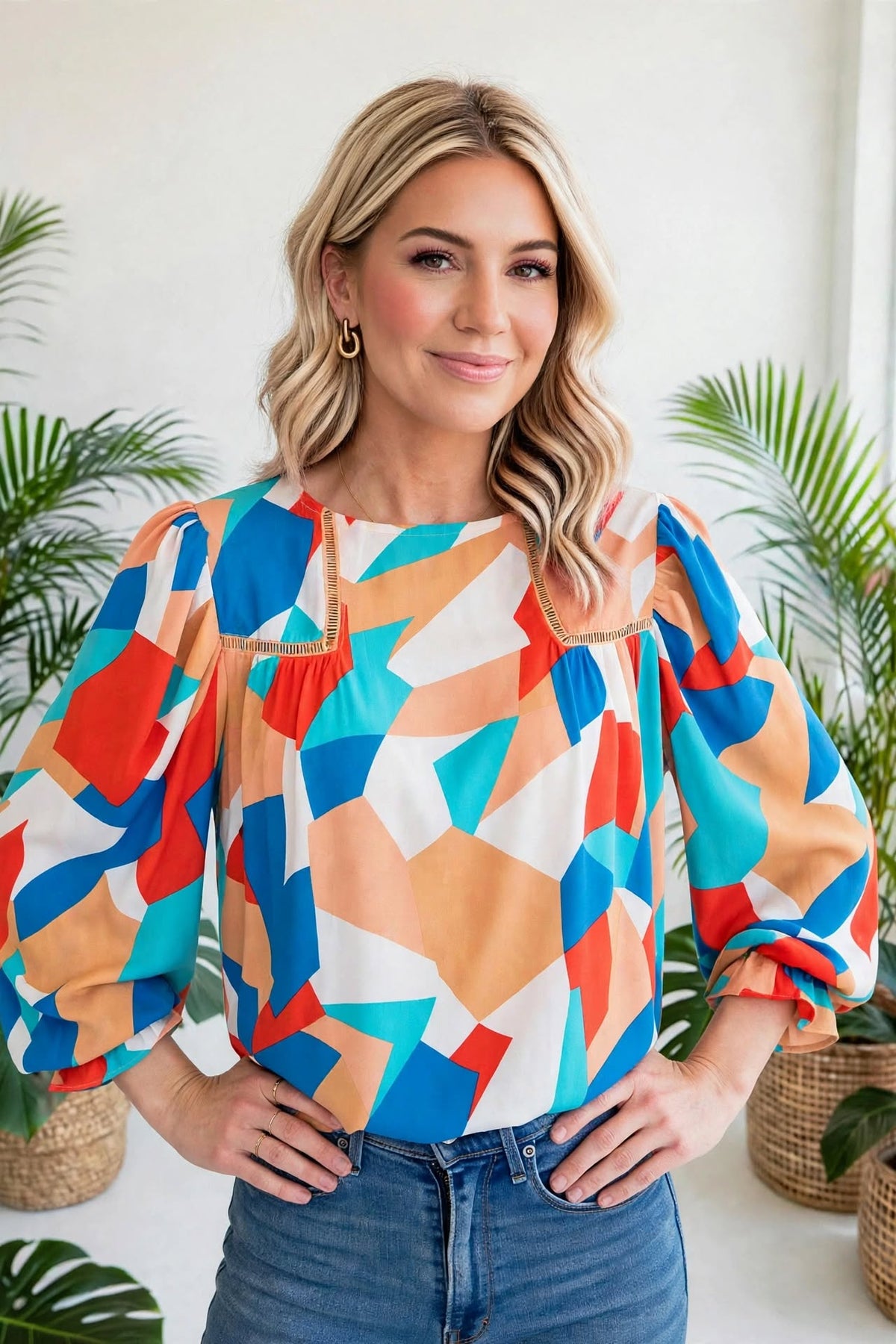 Abstract Ruffled Sleeve Blouse
