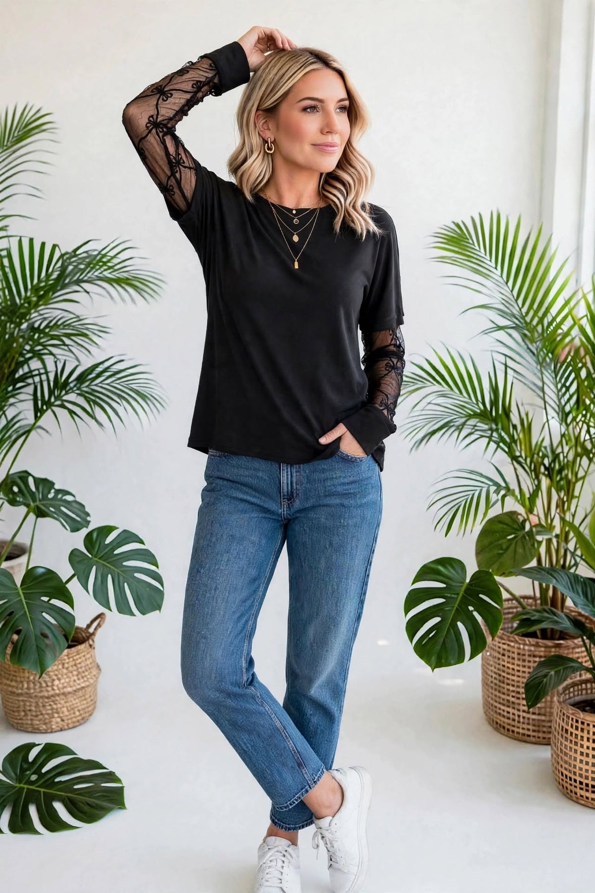 Bow Textured Sheer Long Sleeve Patchwork Tee | S-XL