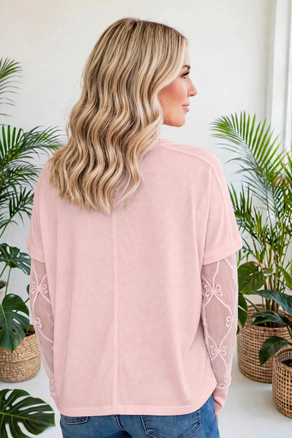 Bow Textured Sheer Long Sleeve Patchwork Tee | S-XL