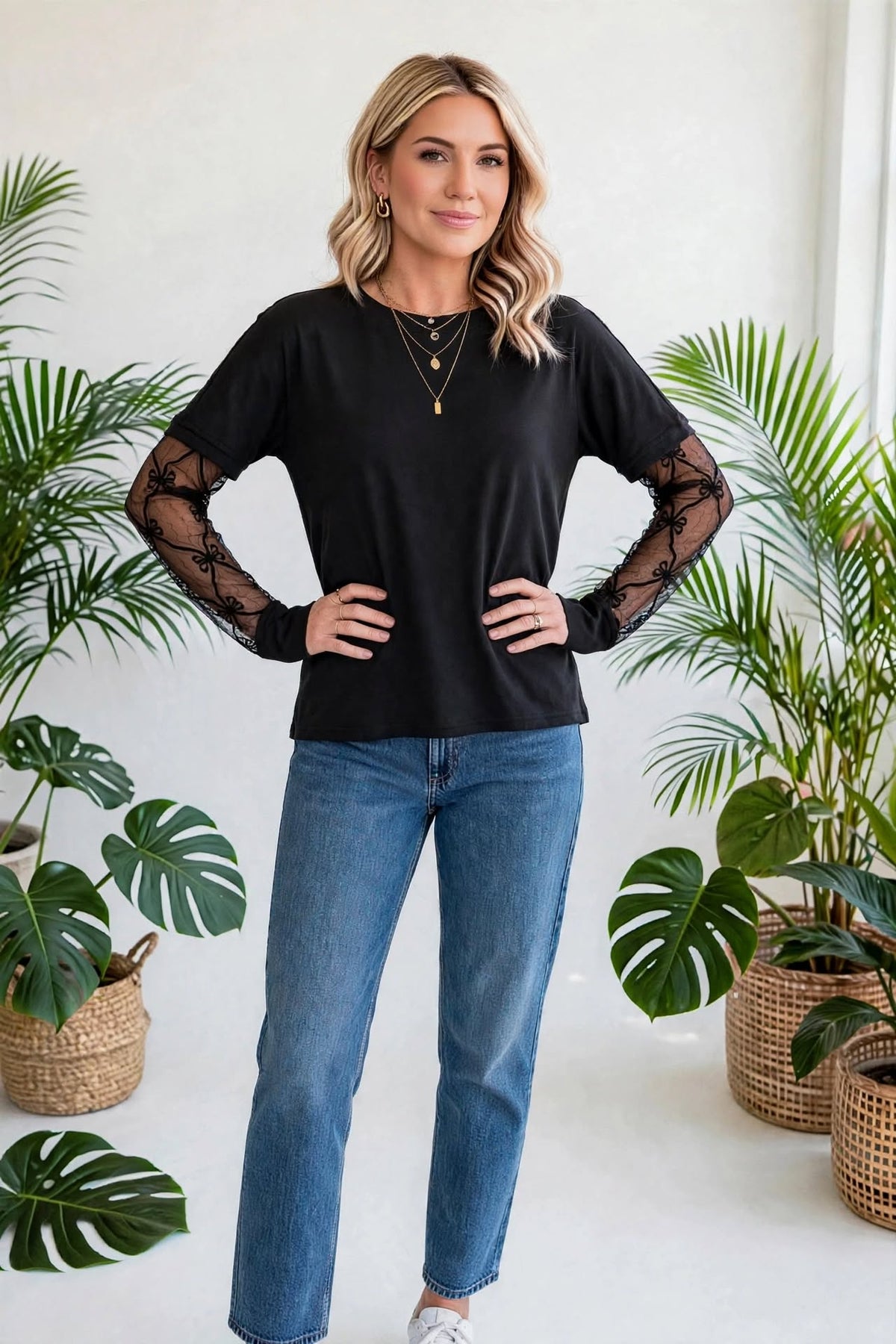 Bow Textured Sheer Long Sleeve Patchwork Tee | S-XL