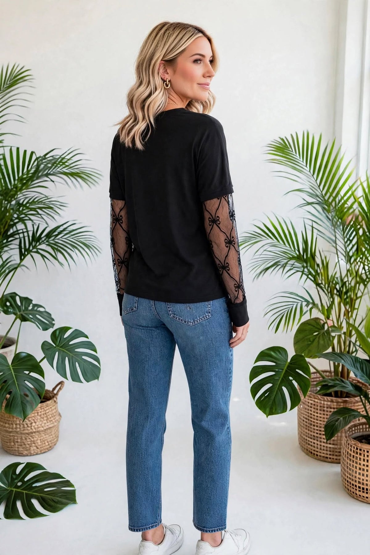 Bow Textured Sheer Long Sleeve Patchwork Tee | S-XL