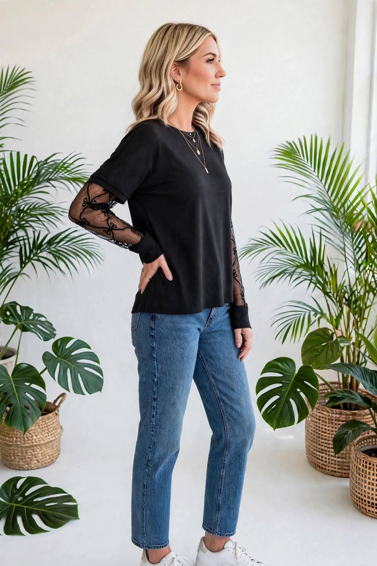 Bow Textured Sheer Long Sleeve Patchwork Tee | S-XL