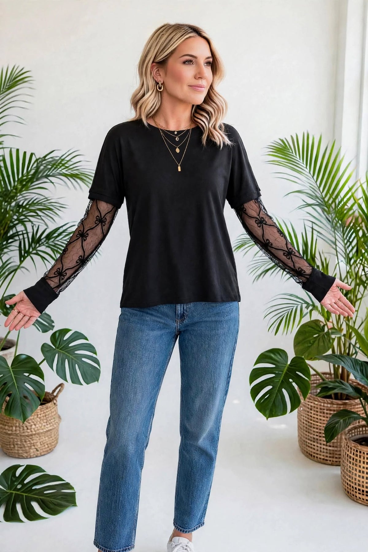 Bow Textured Sheer Long Sleeve Patchwork Tee | S-XL