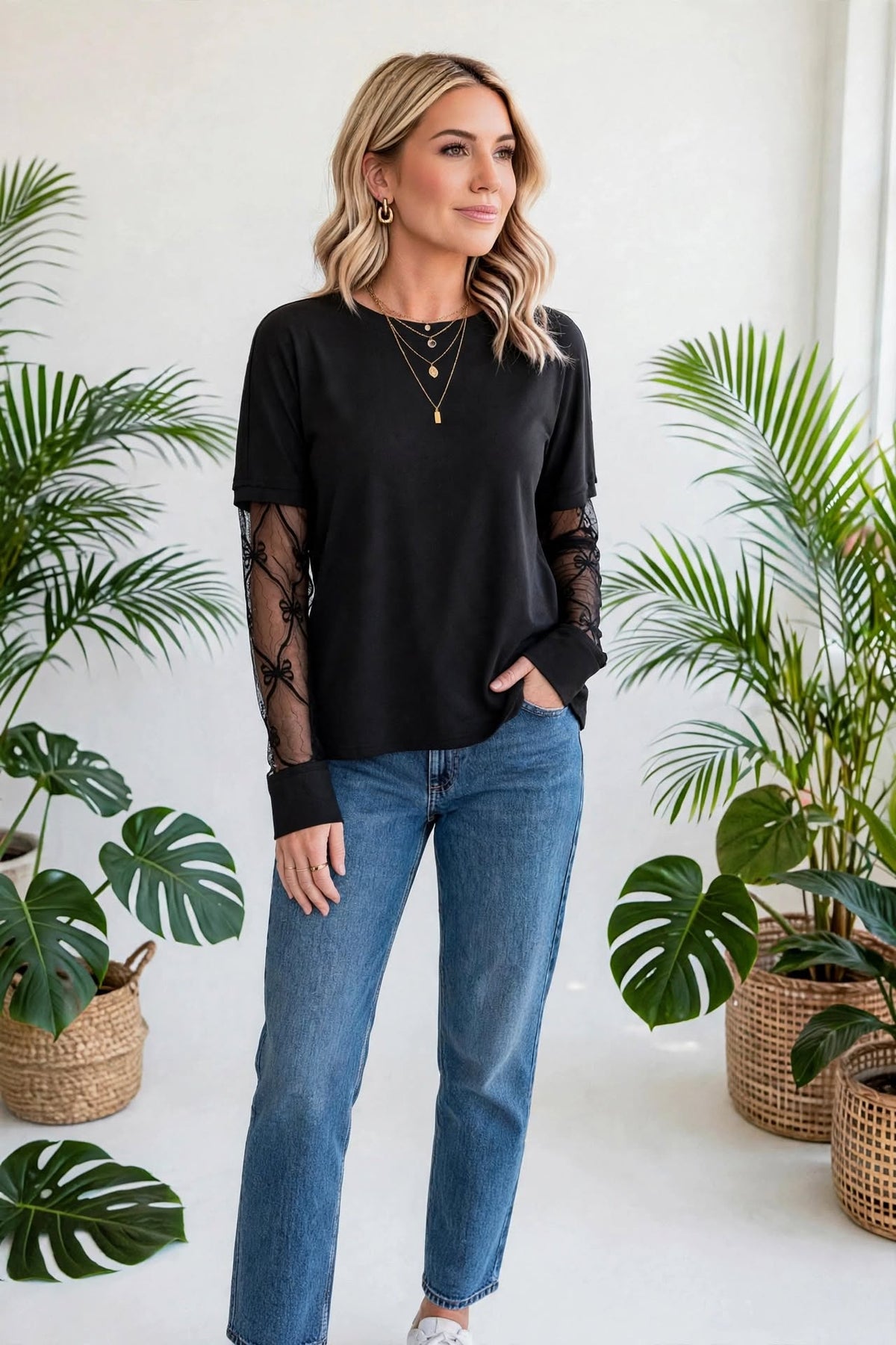 Bow Textured Sheer Long Sleeve Patchwork Tee | S-XL
