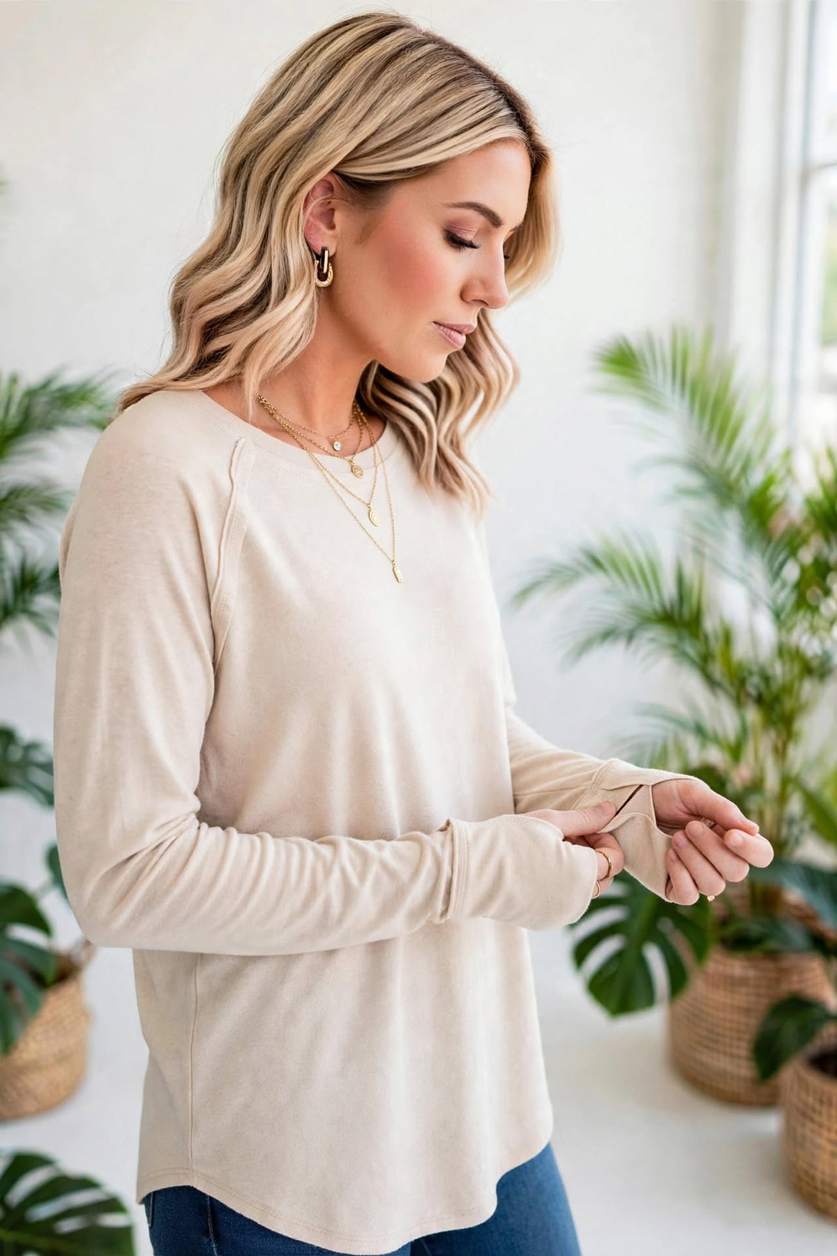 Cotton Raglan Sleeve Thumbhole Top