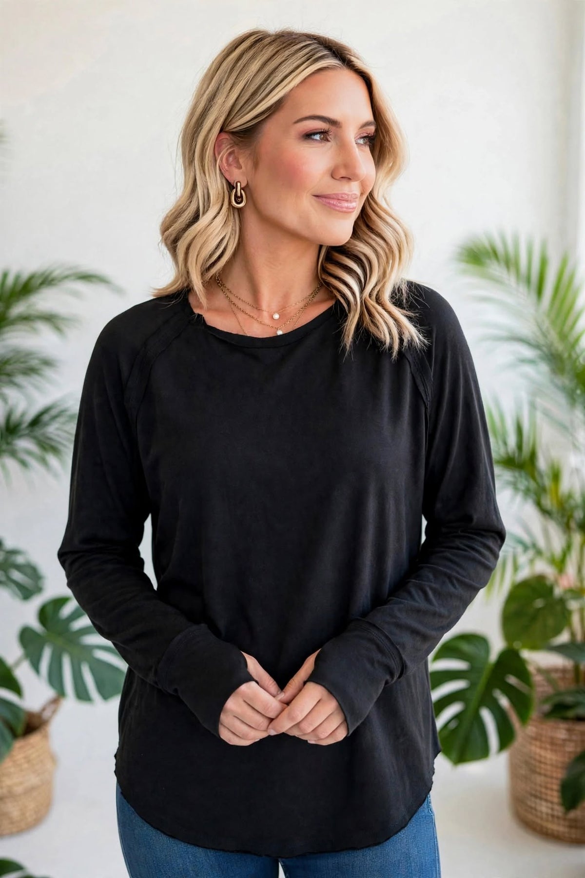 Cotton Raglan Sleeve Thumbhole Top