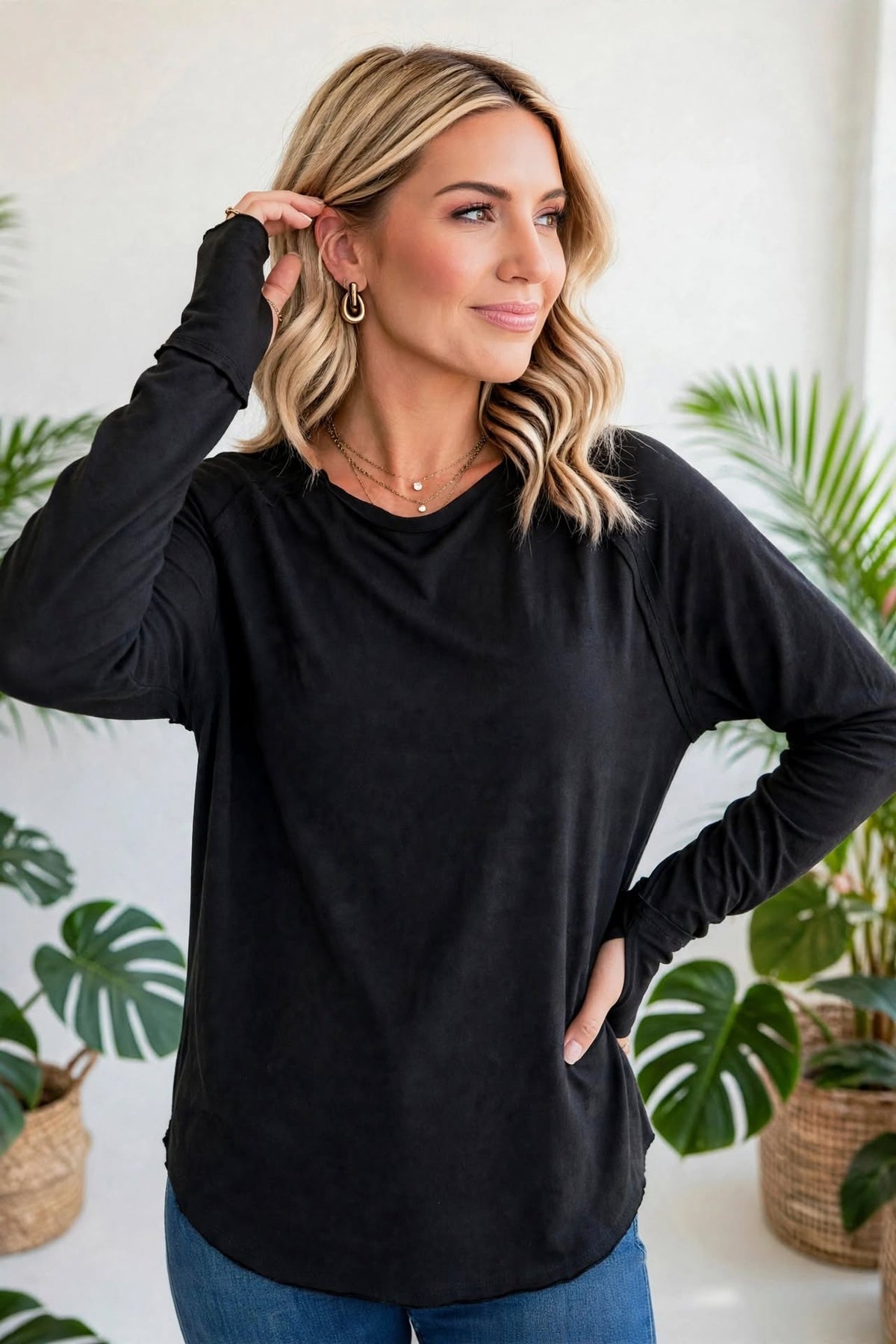 Cotton Raglan Sleeve Thumbhole Top
