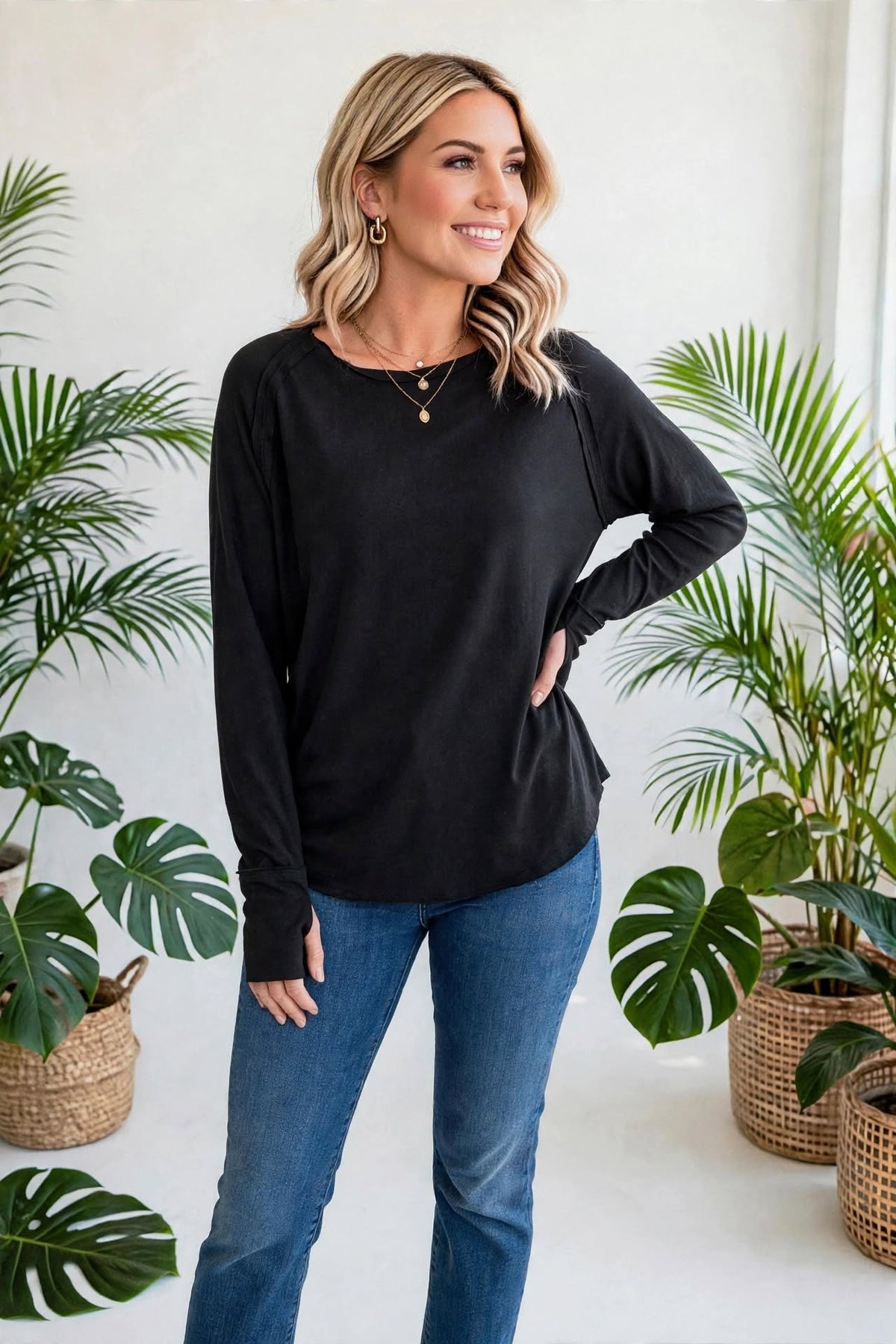 Cotton Raglan Sleeve Thumbhole Top