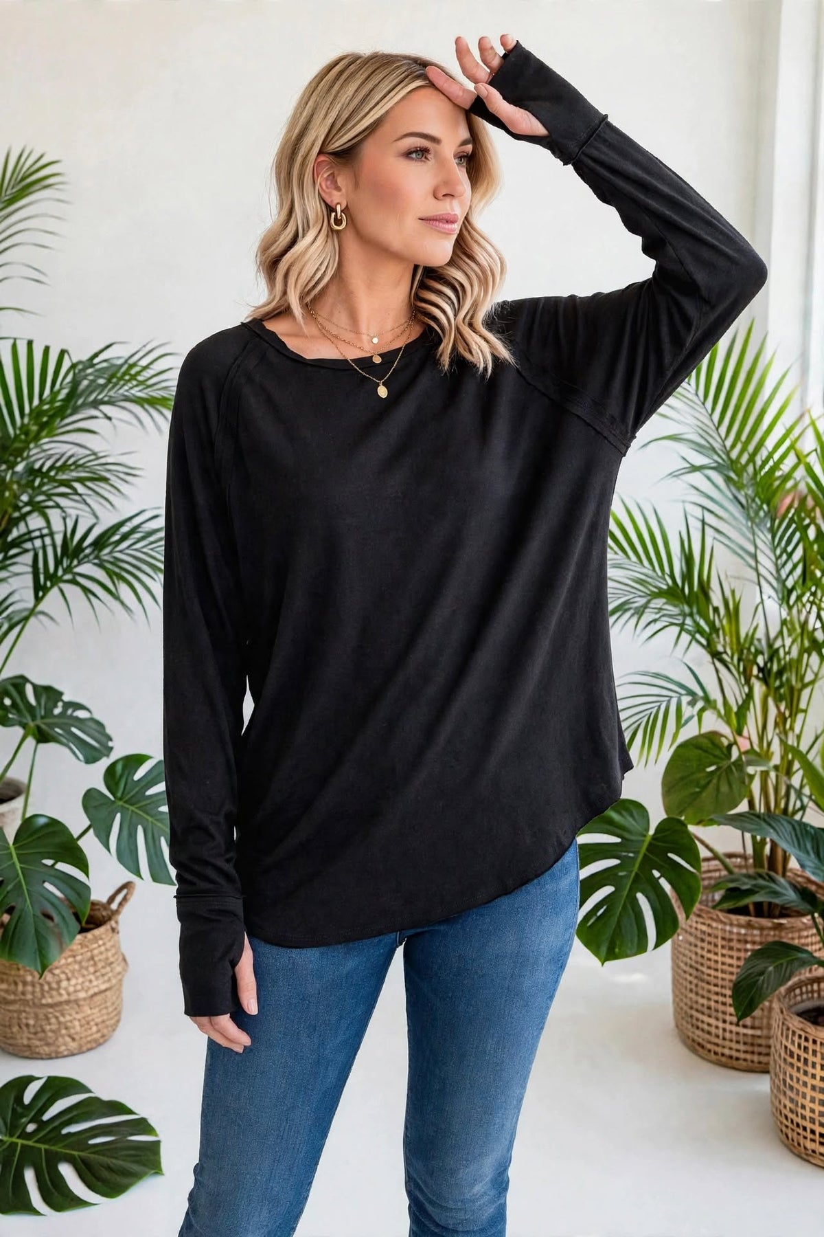 Cotton Raglan Sleeve Thumbhole Top