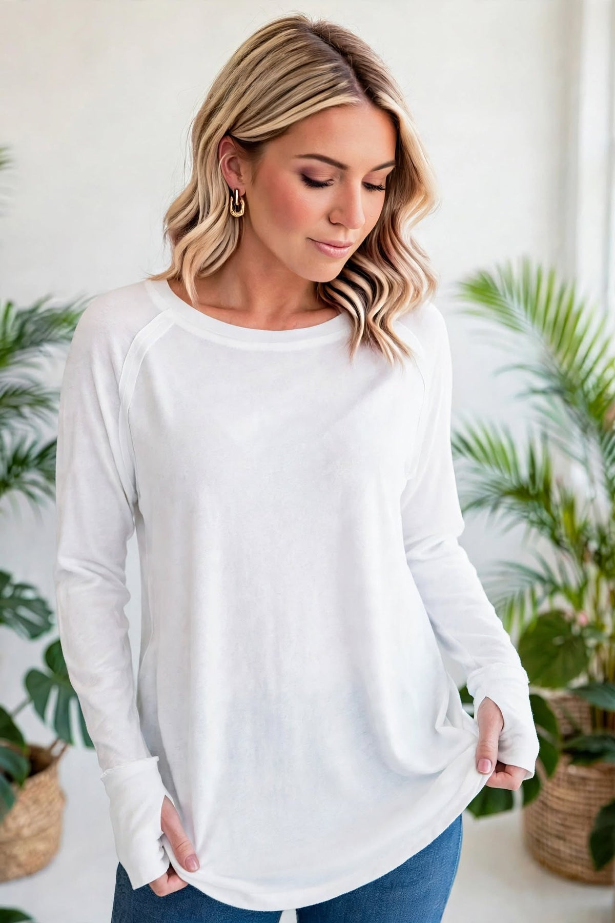 Cotton Raglan Sleeve Thumbhole Top