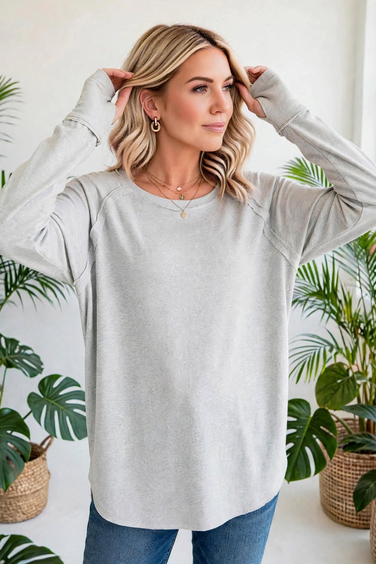 Cotton Raglan Sleeve Thumbhole Top