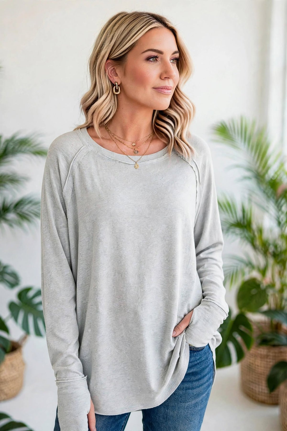 Cotton Raglan Sleeve Thumbhole Top
